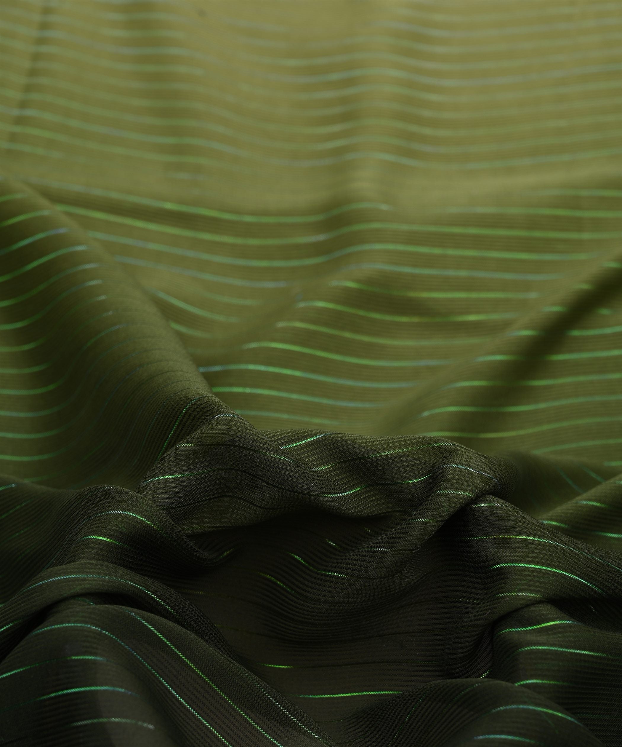 Bottle Green Shaded Chiffon Fabric with Zari Stripes