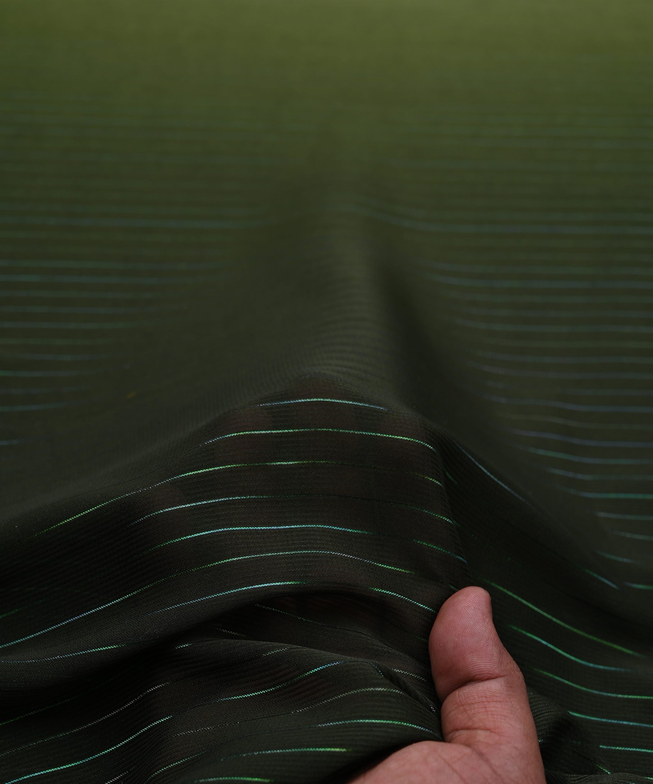 Bottle Green Shaded Chiffon Fabric with Zari Stripes