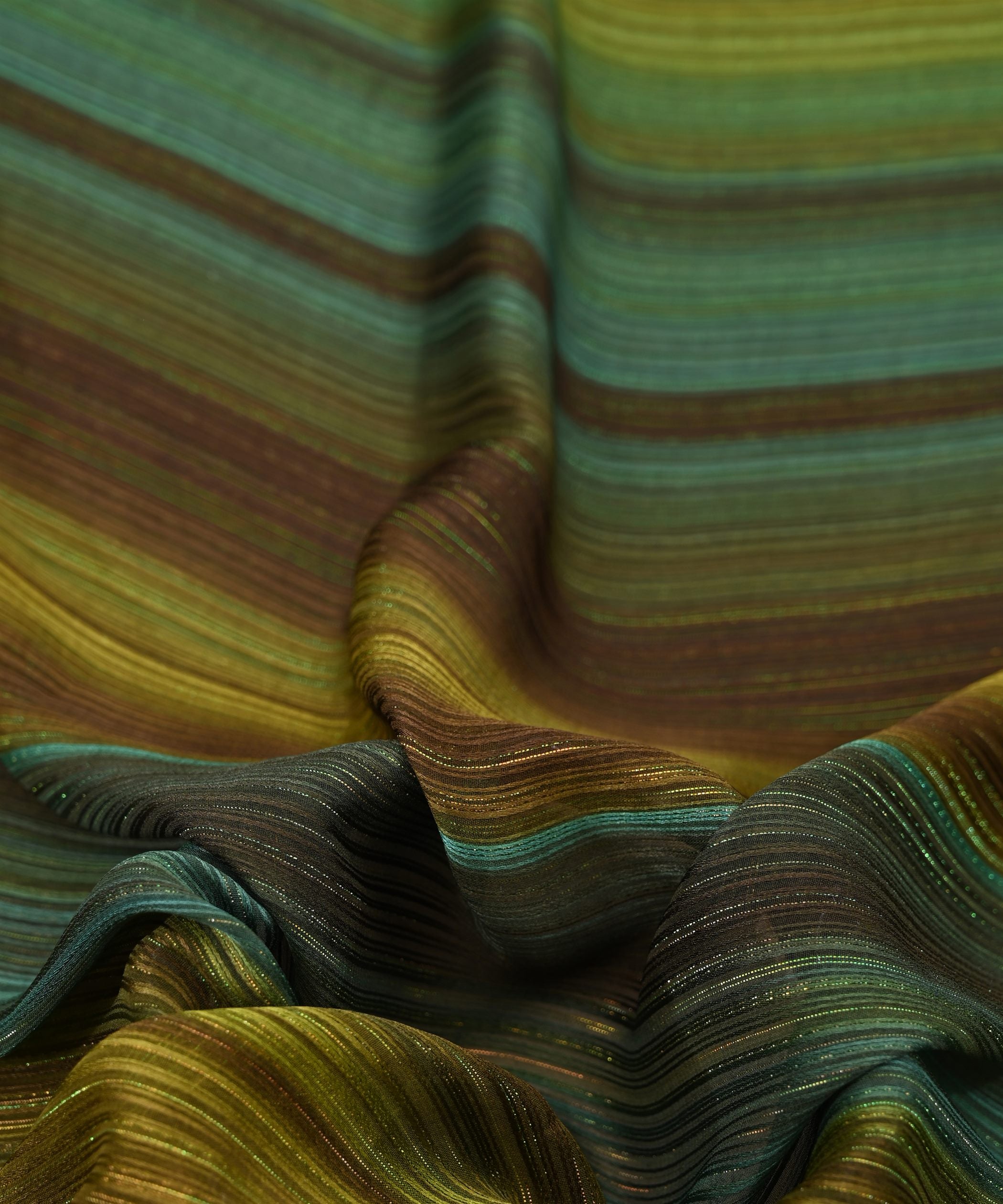 Green Shaded Georgette Fabric with Satin and Zari Stripes
