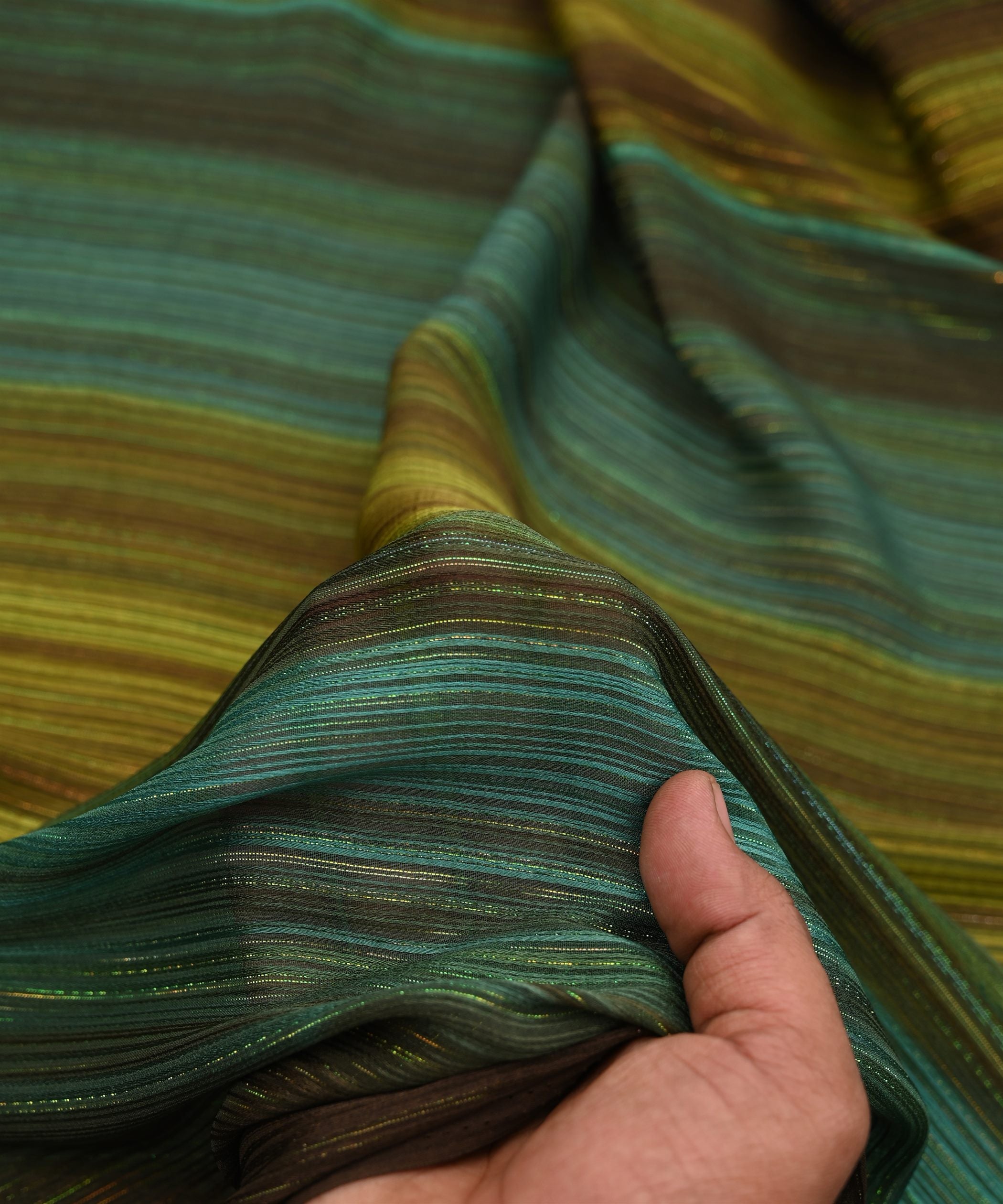 Green Shaded Georgette Fabric with Satin and Zari Stripes