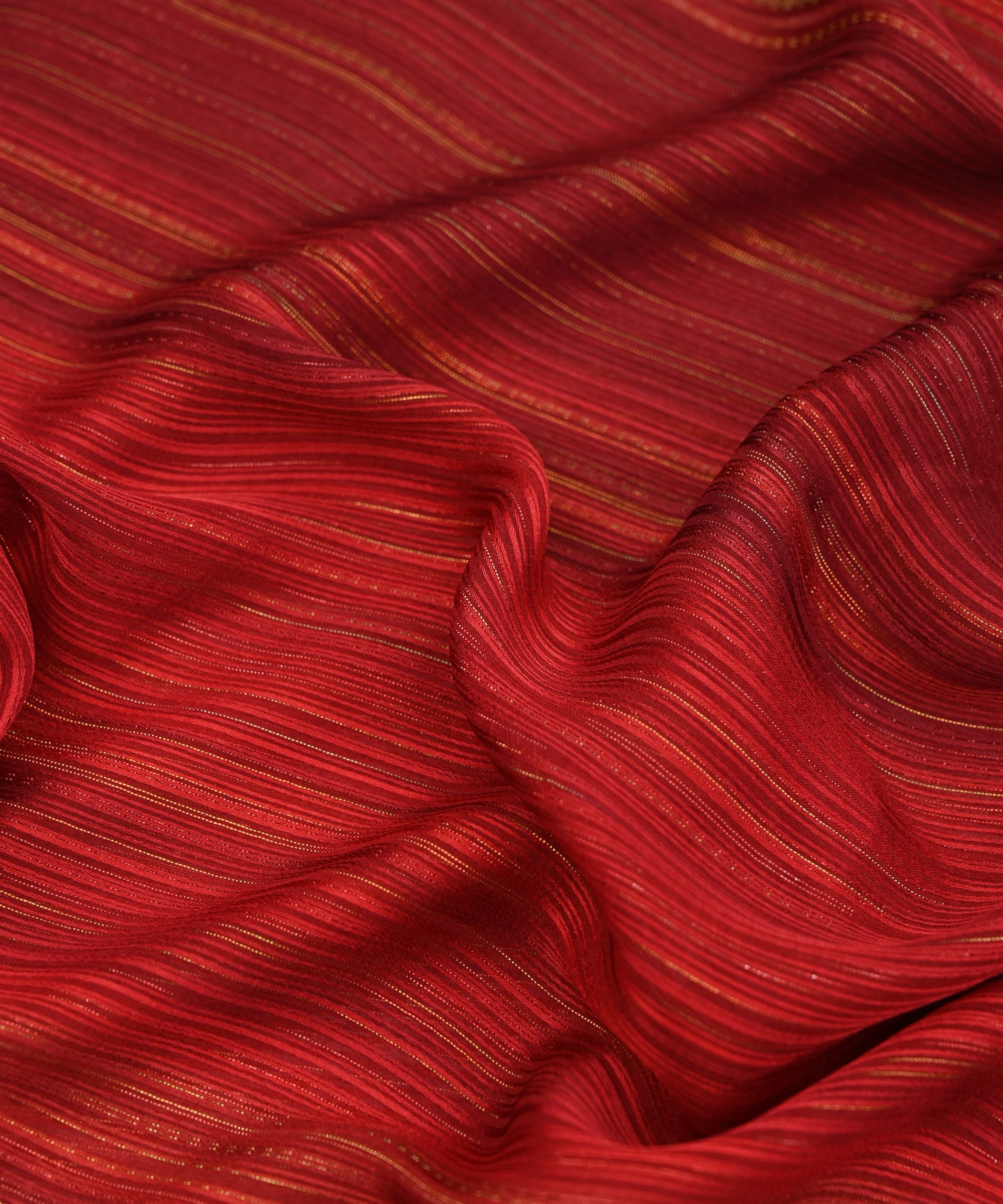Red Shaded Georgette Fabric with Satin and Zari Stripes