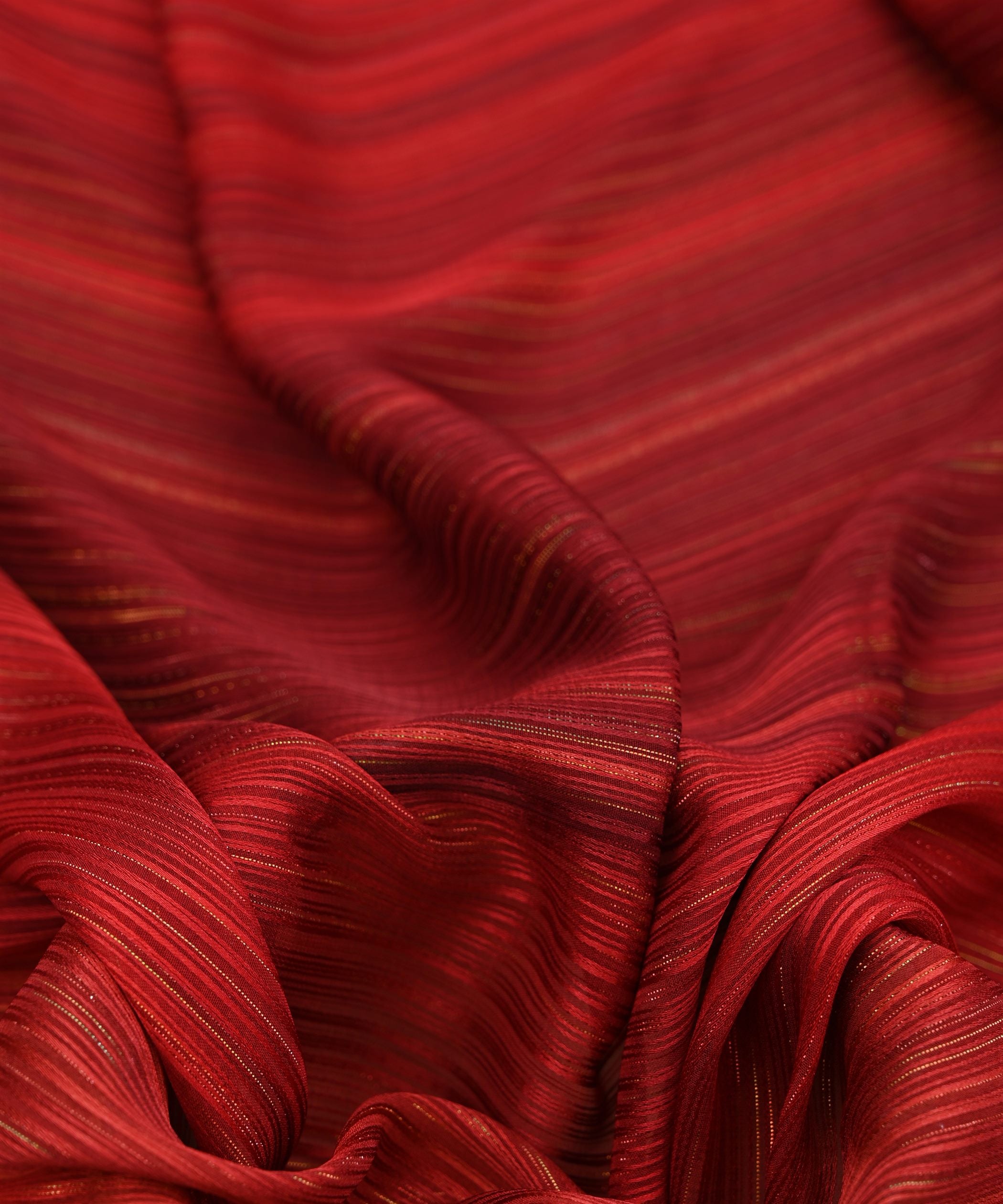 Red Shaded Georgette Fabric with Satin and Zari Stripes