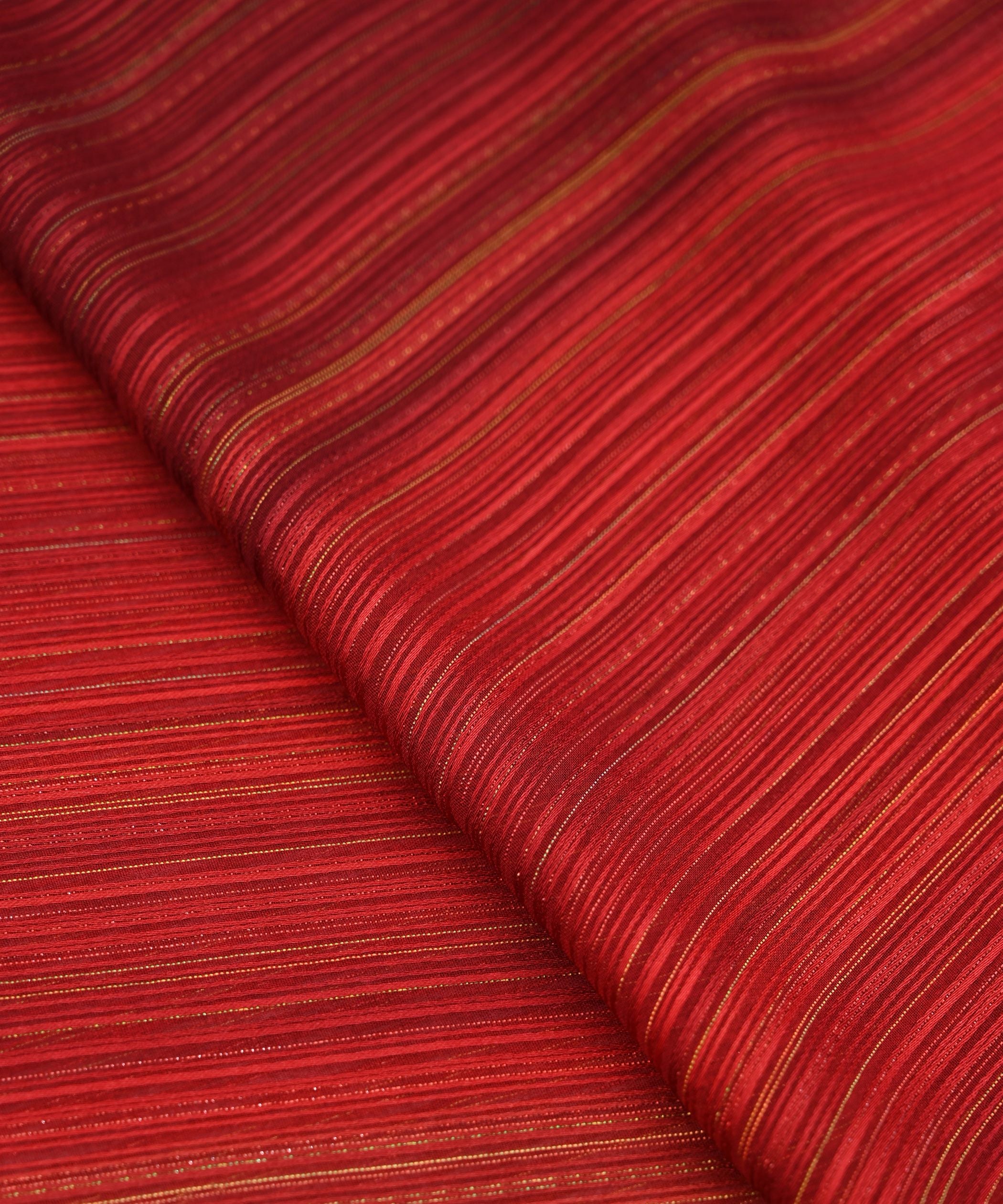 Red Shaded Georgette Fabric with Satin and Zari Stripes