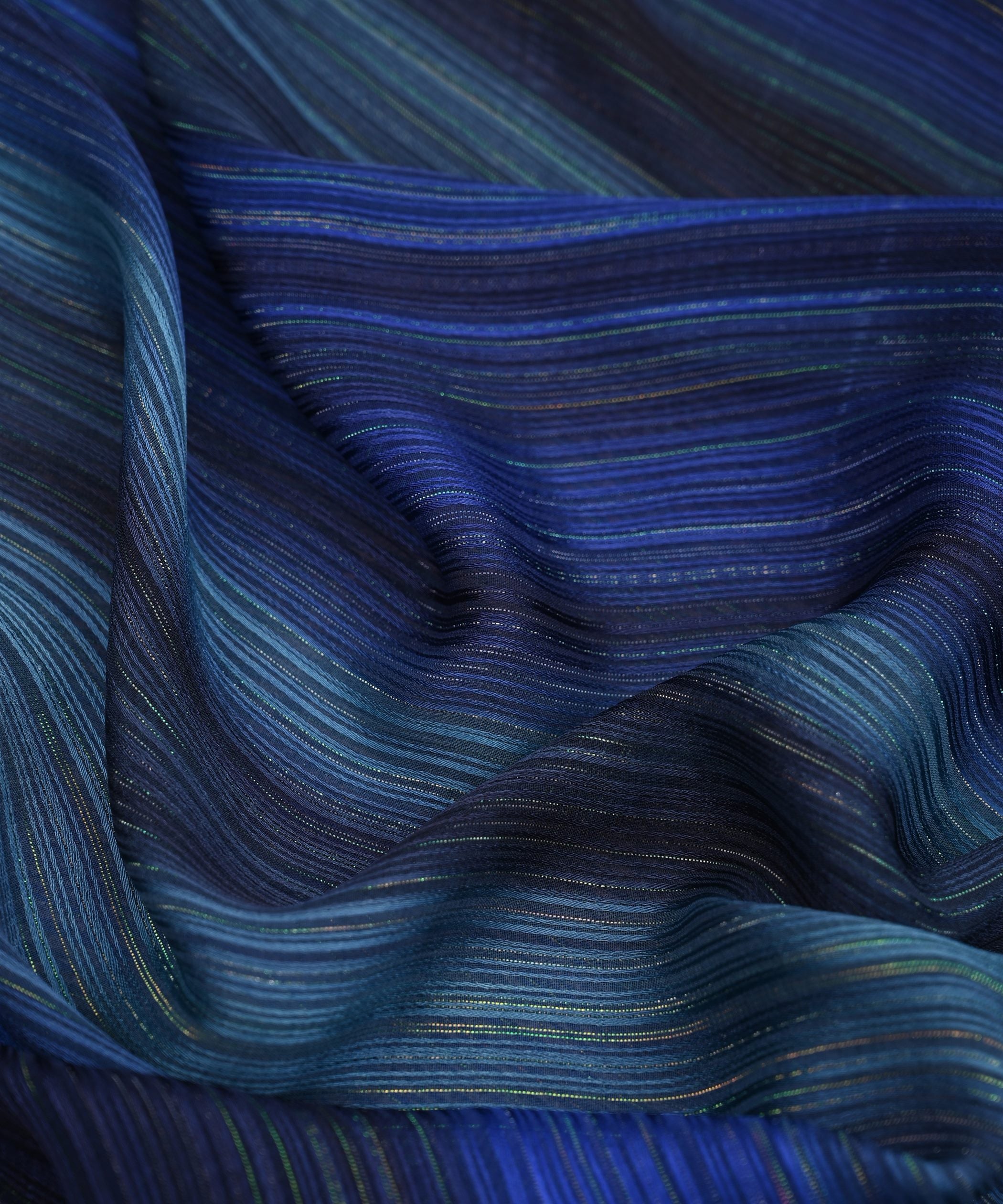 Royal Blue Shaded Georgette Fabric with Satin and Zari Stripes