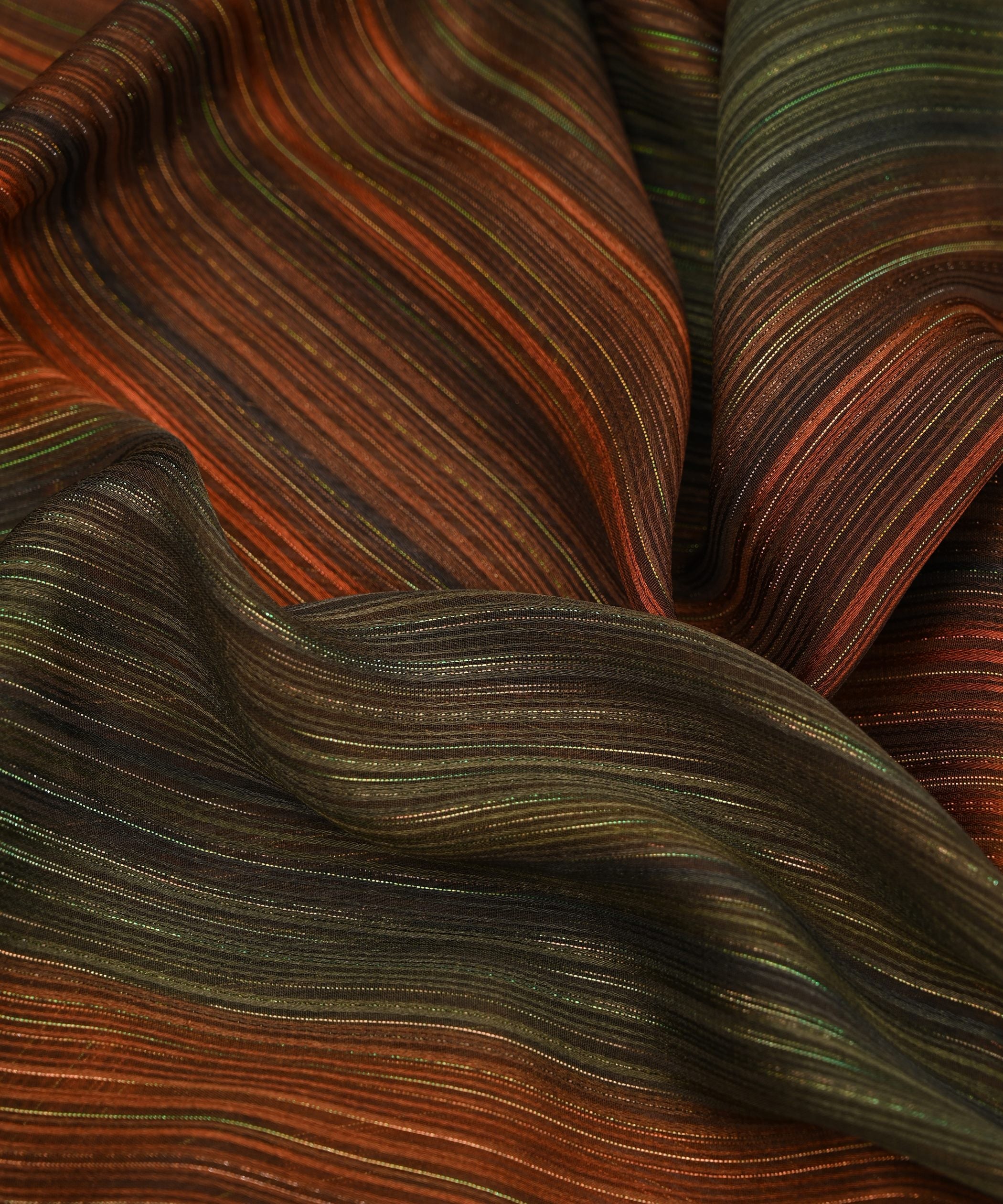 Rust Orange Shaded Georgette Fabric with Satin and Zari Stripes