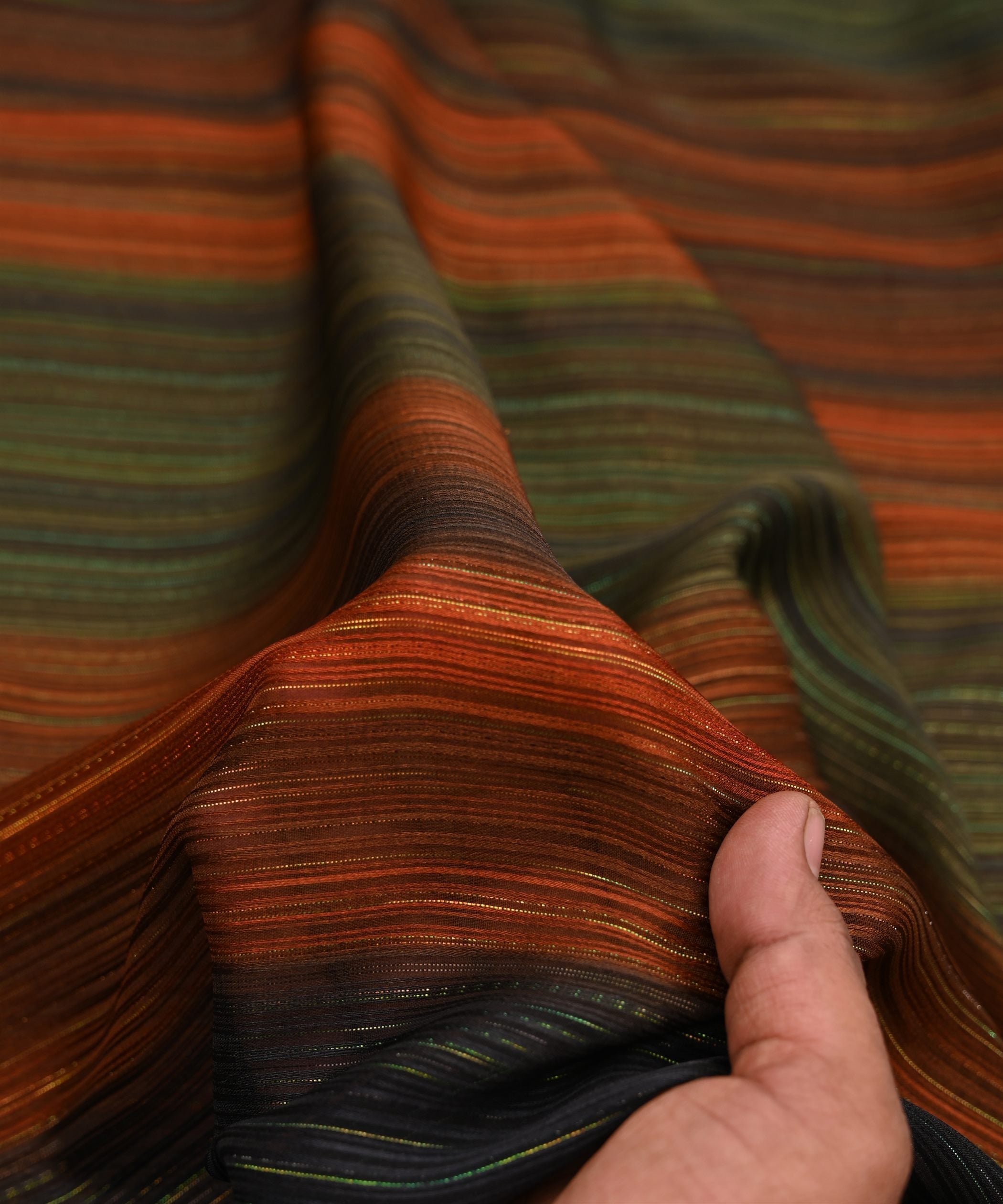 Rust Orange Shaded Georgette Fabric with Satin and Zari Stripes