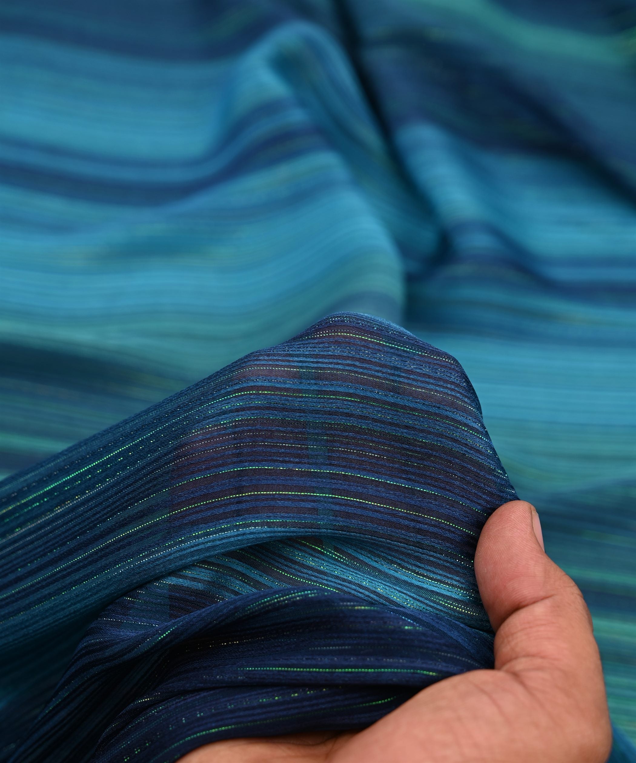 Sky Blue Shaded Georgette Fabric with Satin and Zari Stripes