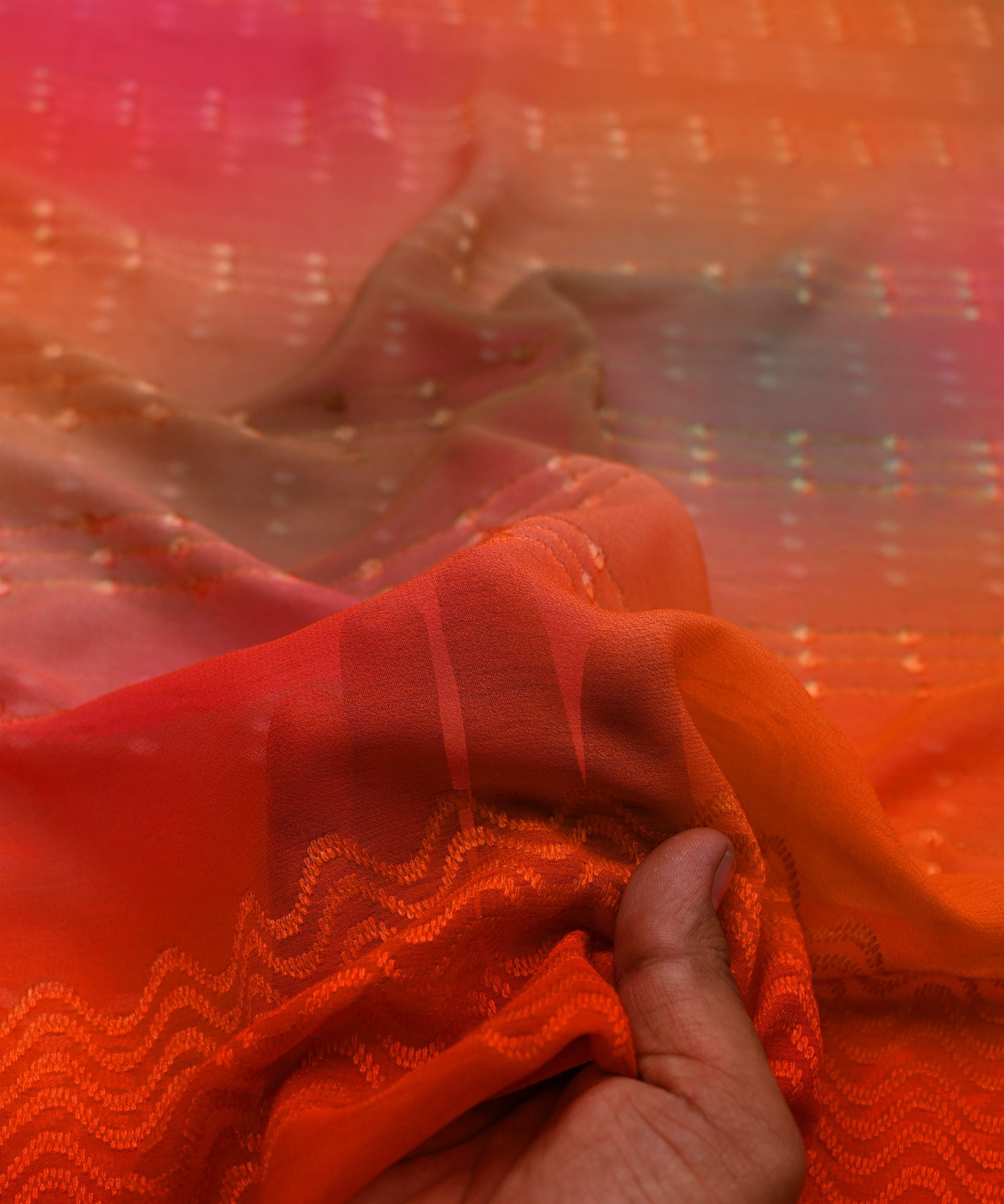 Orange Shaded Weightless Fabric with Embroidery