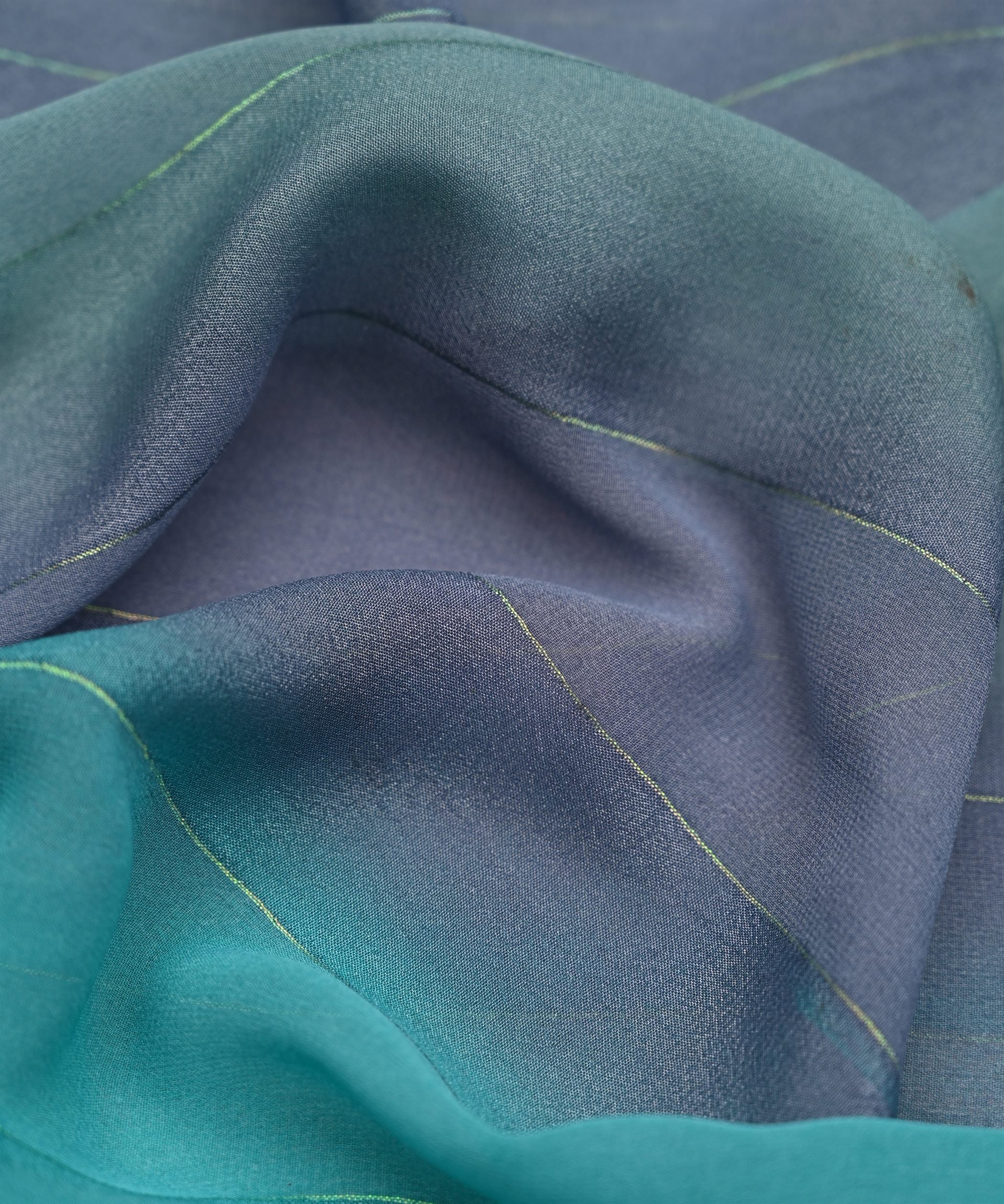 Aquamarine-Navy Blue Shaded Weightless Fabric with Zari and Satin Stripes