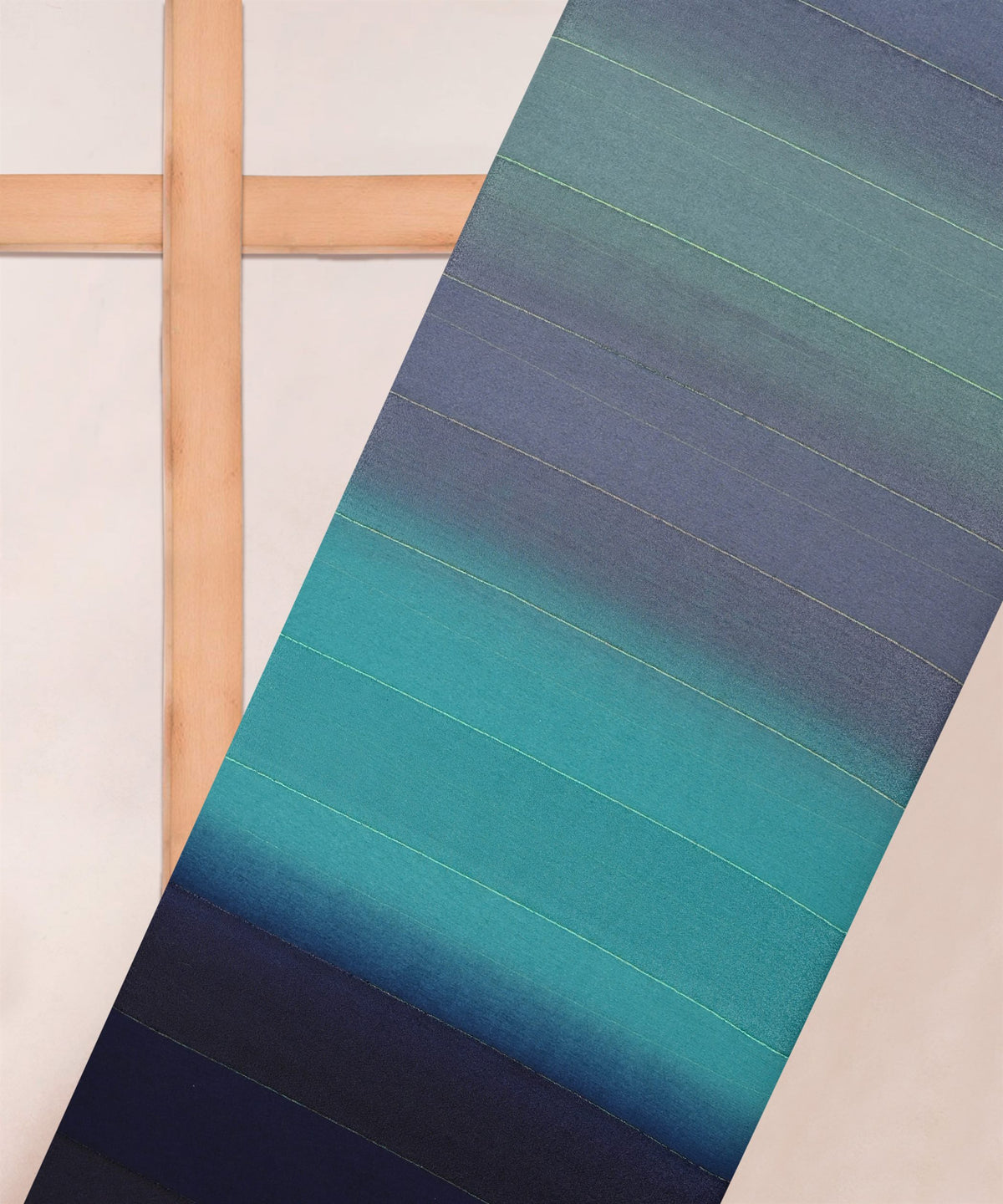 Aquamarine-Navy Blue Shaded Weightless Fabric with Zari and Satin Stripes