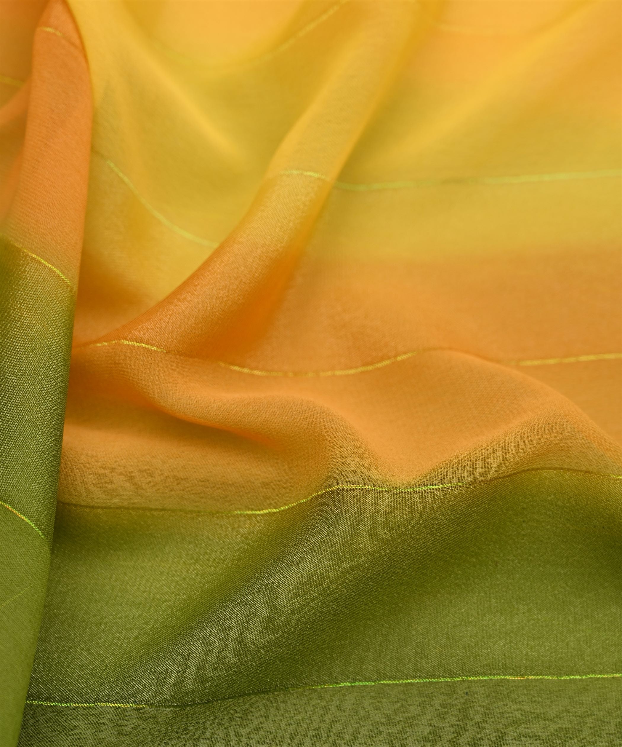 Green-Dark Green Shaded Weightless Fabric with Zari and Satin Stripes