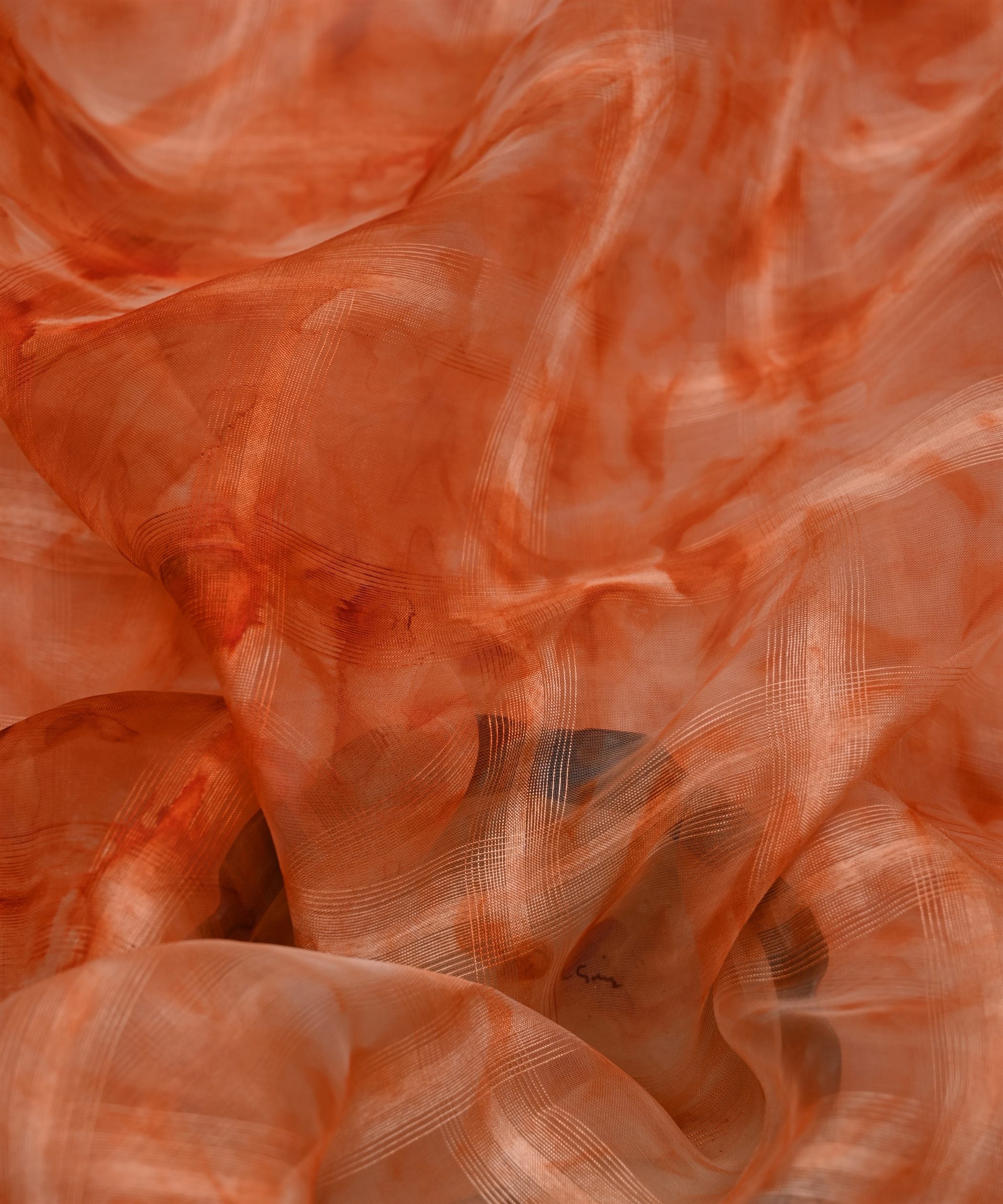 Orange Shibori Organza Fabric with Checks