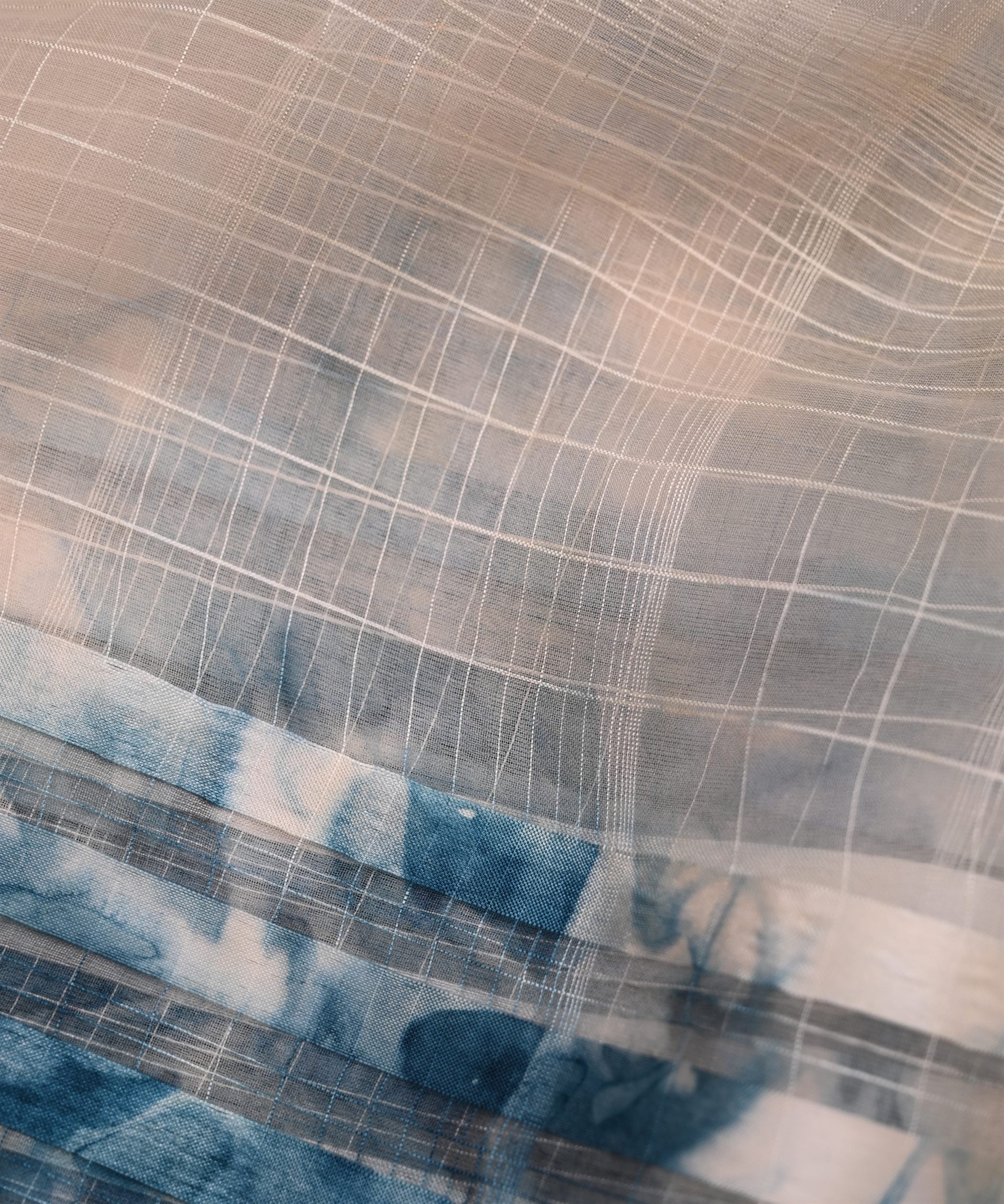 Denim Blue Shibori Organza Fabric with Satin Border