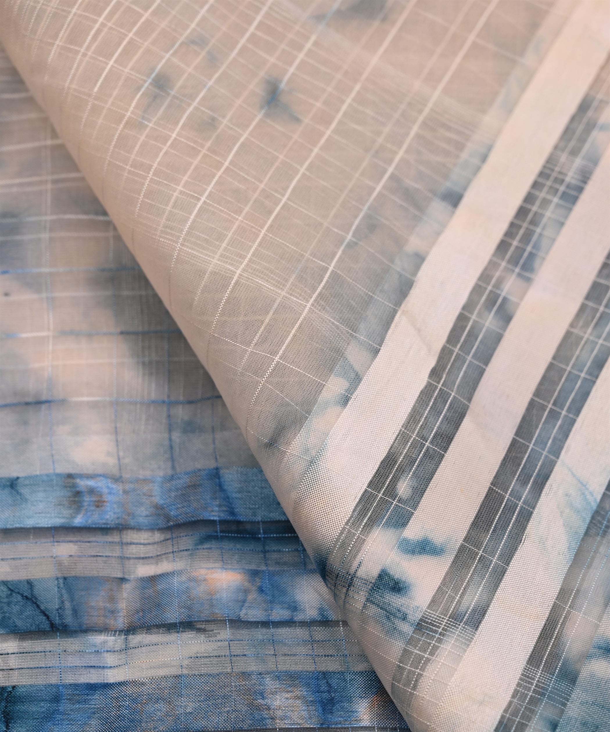 Denim Blue Shibori Organza Fabric with Satin Border