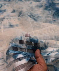 Denim Blue Shibori Organza Fabric with Satin Border