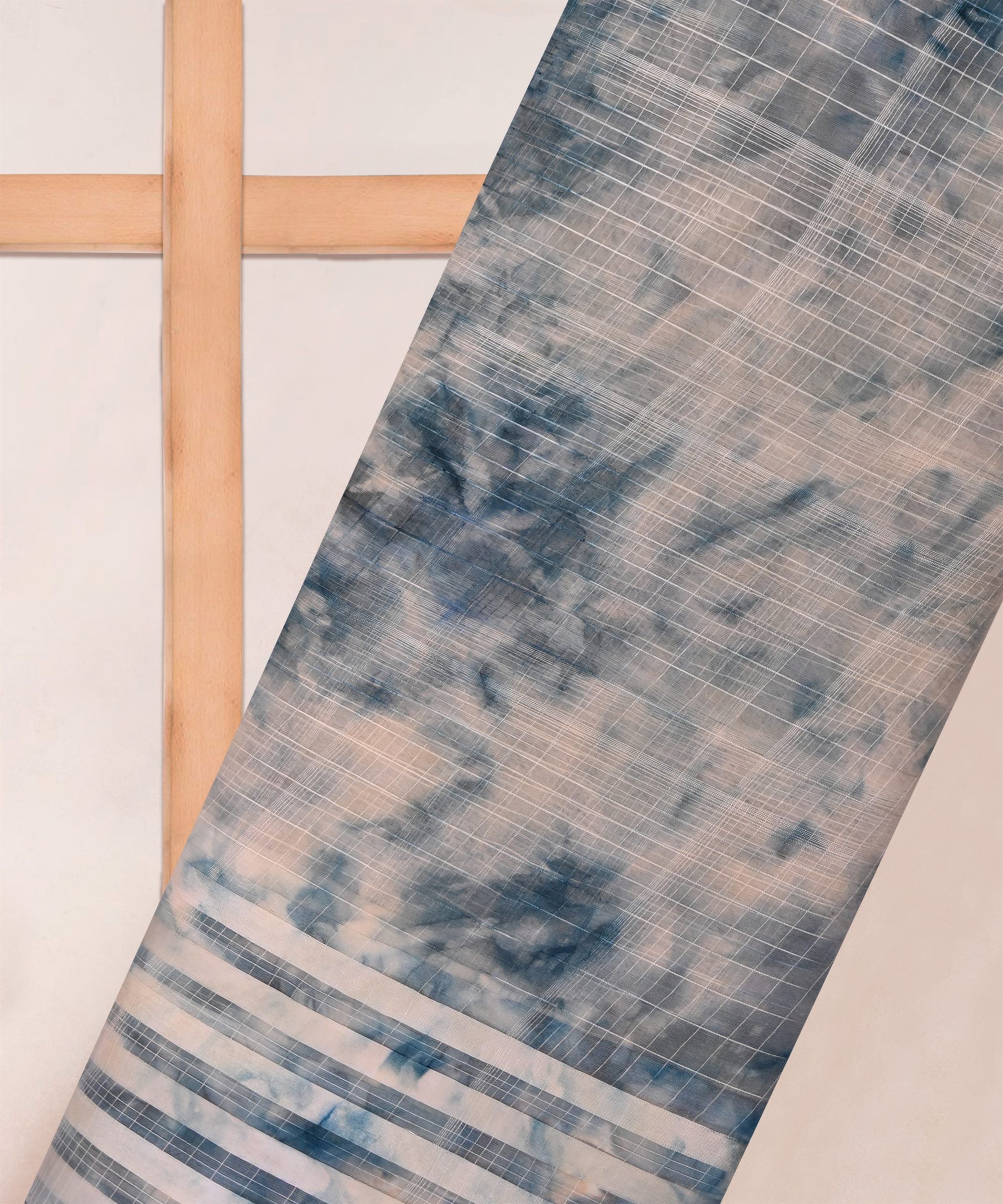 Denim Blue Shibori Organza Fabric with Satin Border
