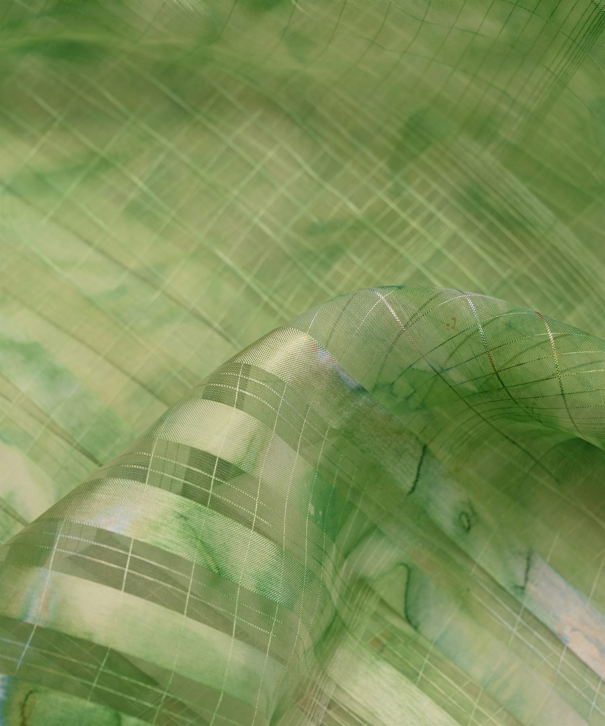 Green Shibori Organza Fabric with Satin Border