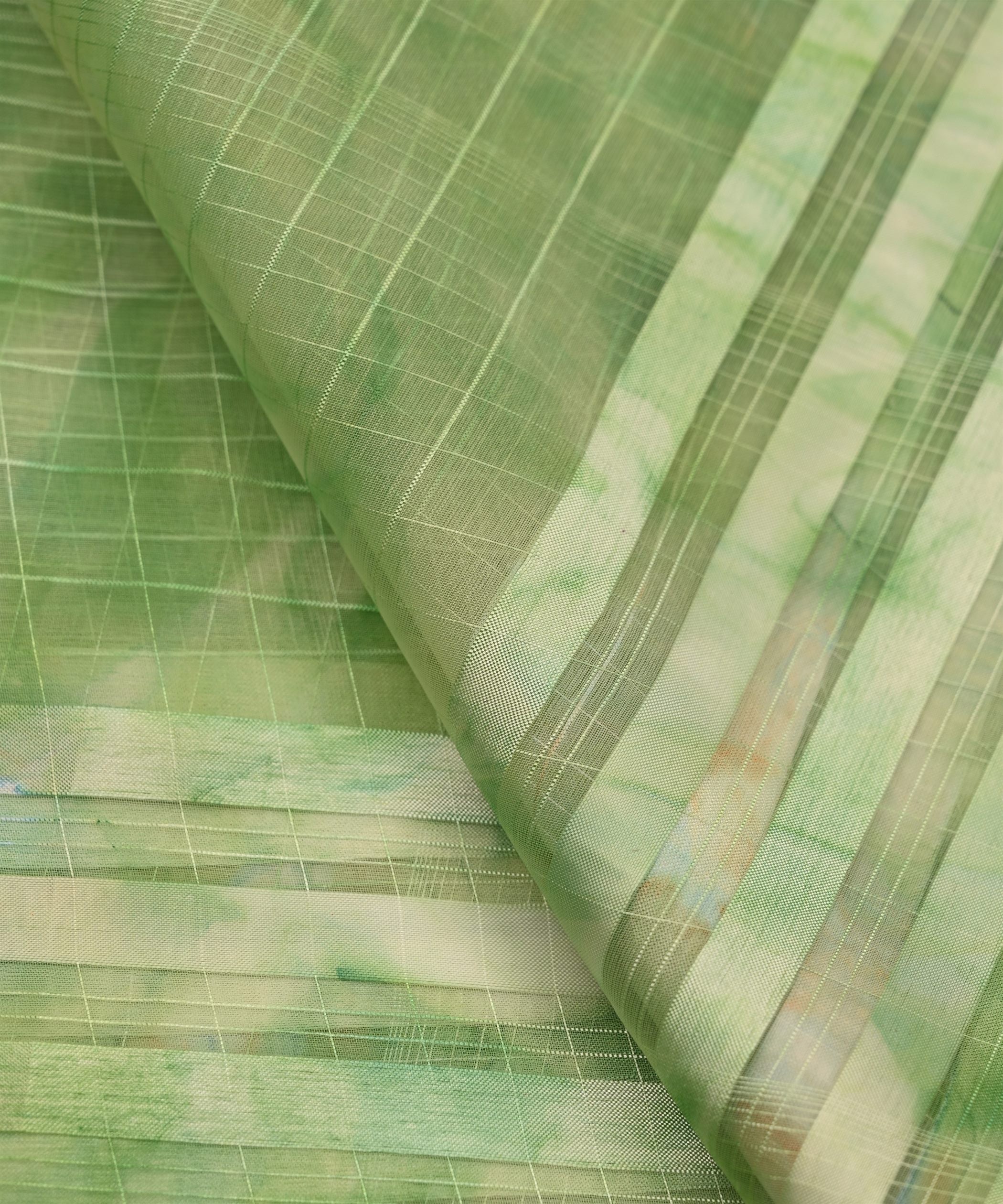 Green Shibori Organza Fabric with Satin Border