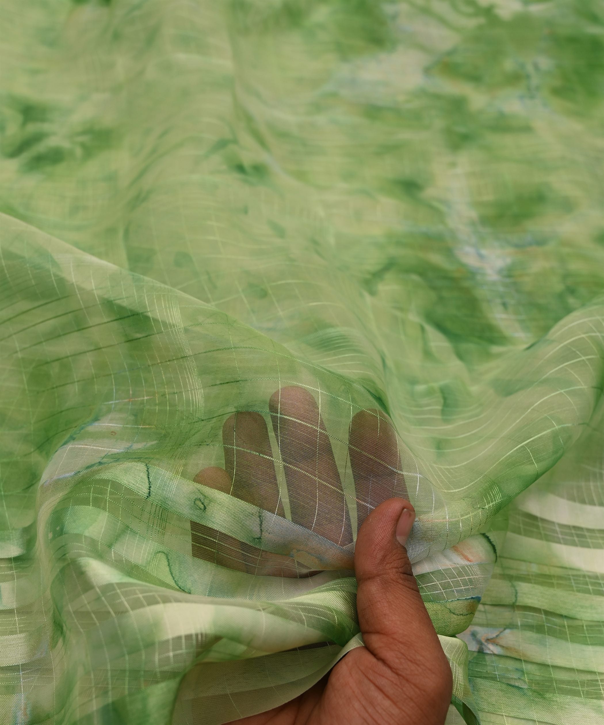 Green Shibori Organza Fabric with Satin Border