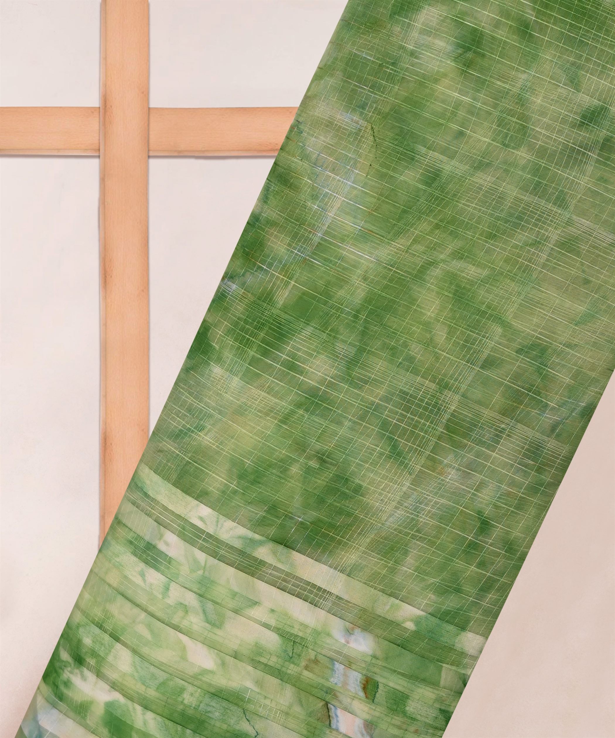 Green Shibori Organza Fabric with Satin Border