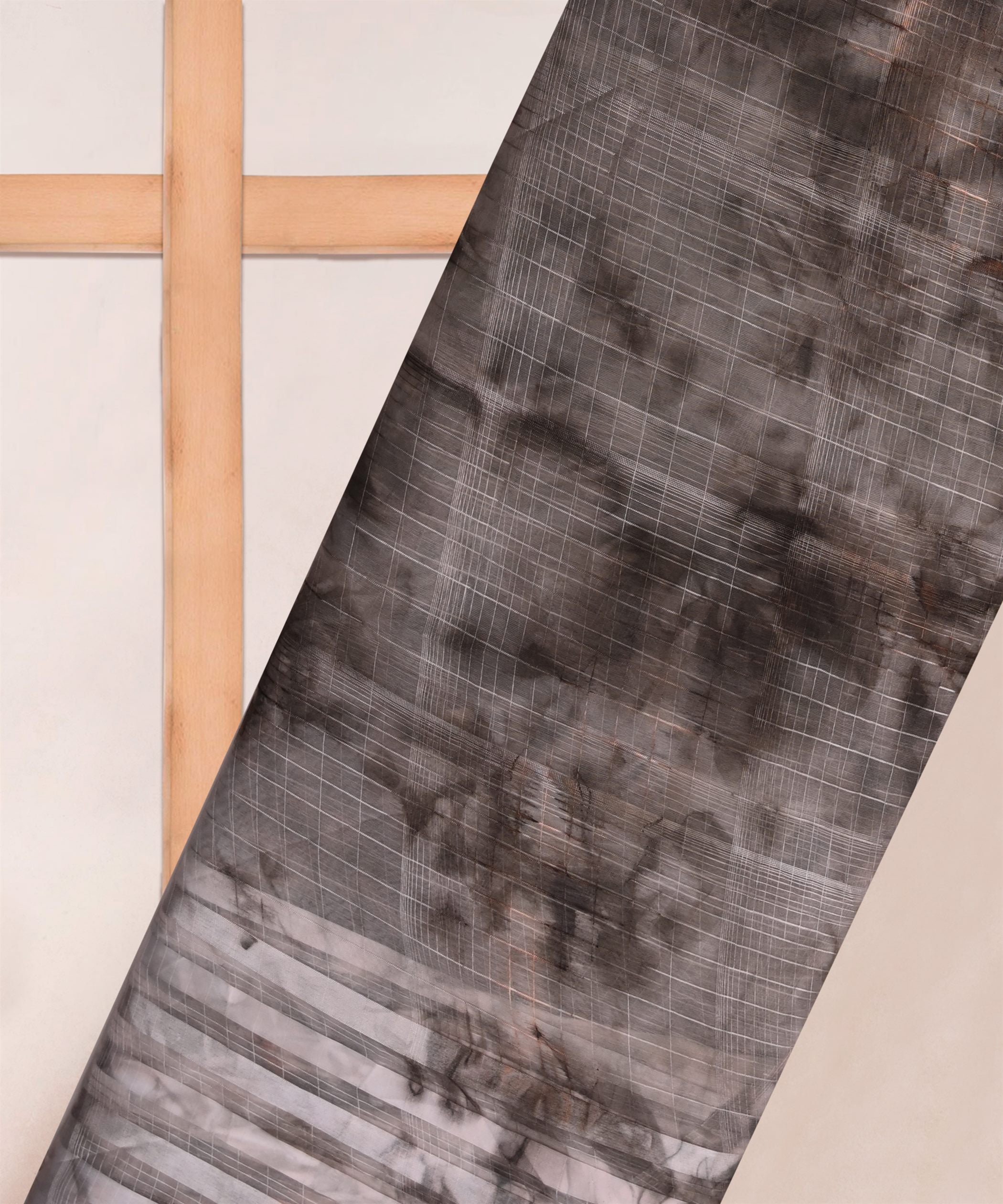 Grey Shibori Organza Fabric with Satin Border