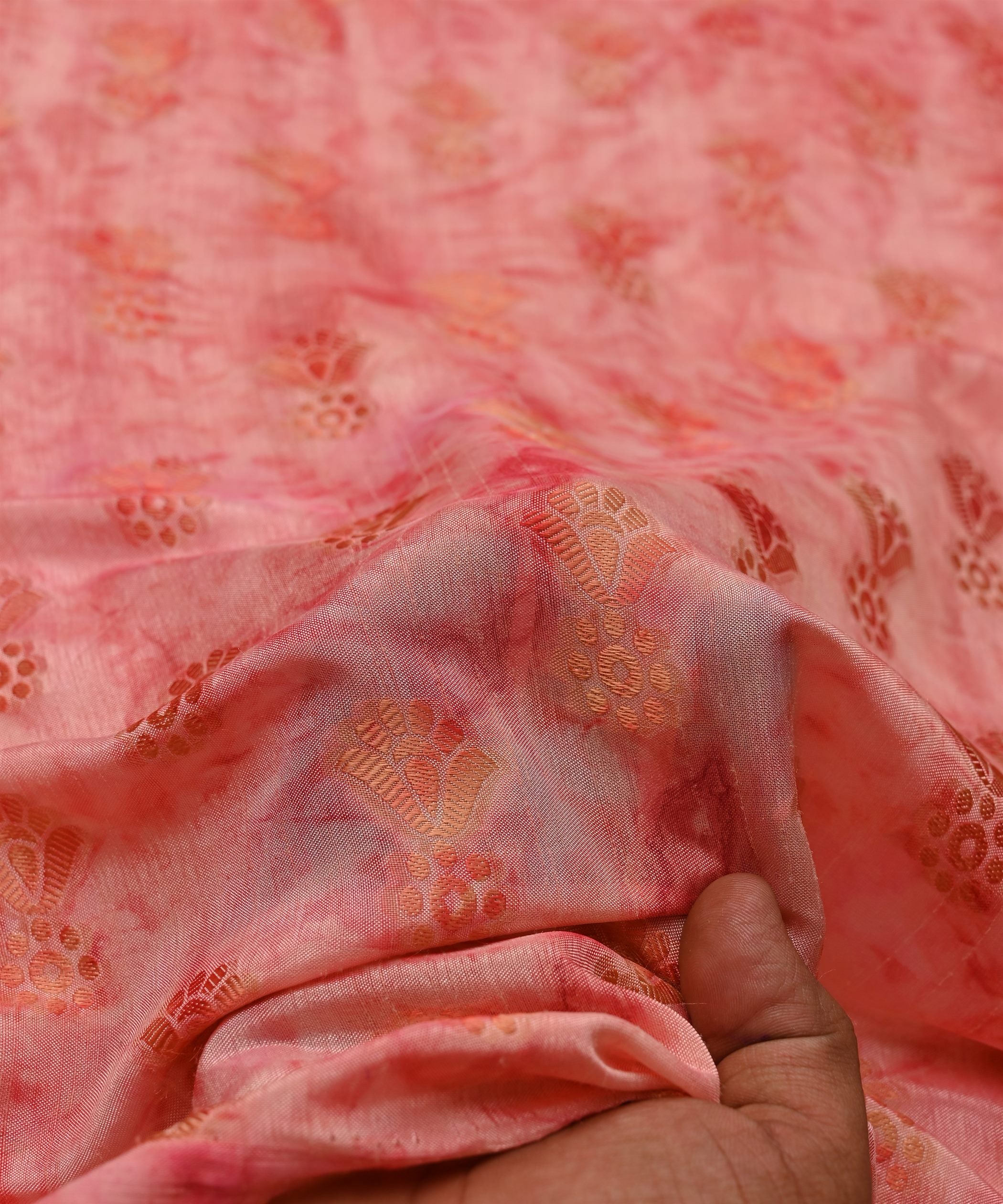 Coral Shibori Silk Fabric with Floral Patch