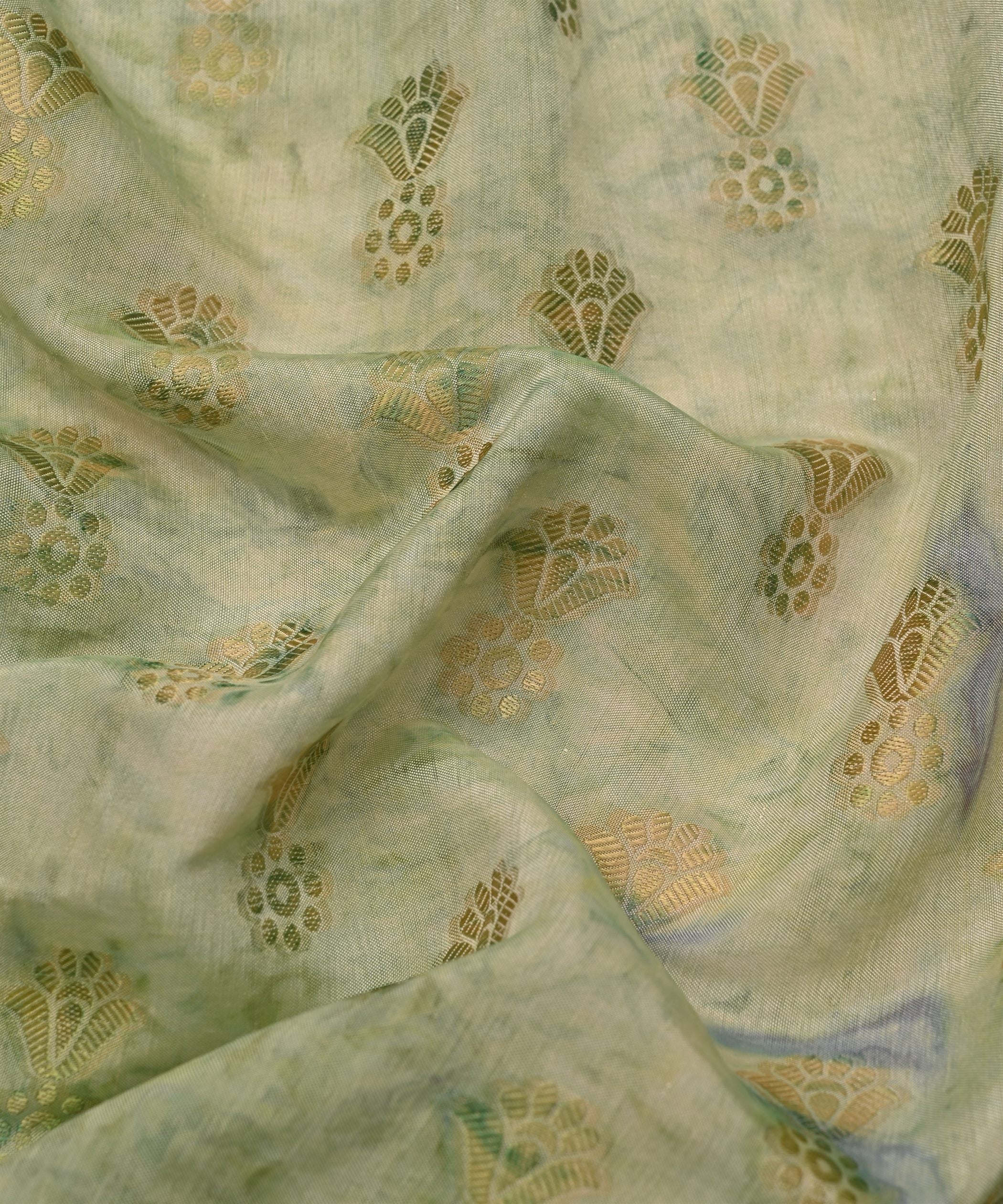 Pale Green Shibori Silk Fabric with Floral Patch