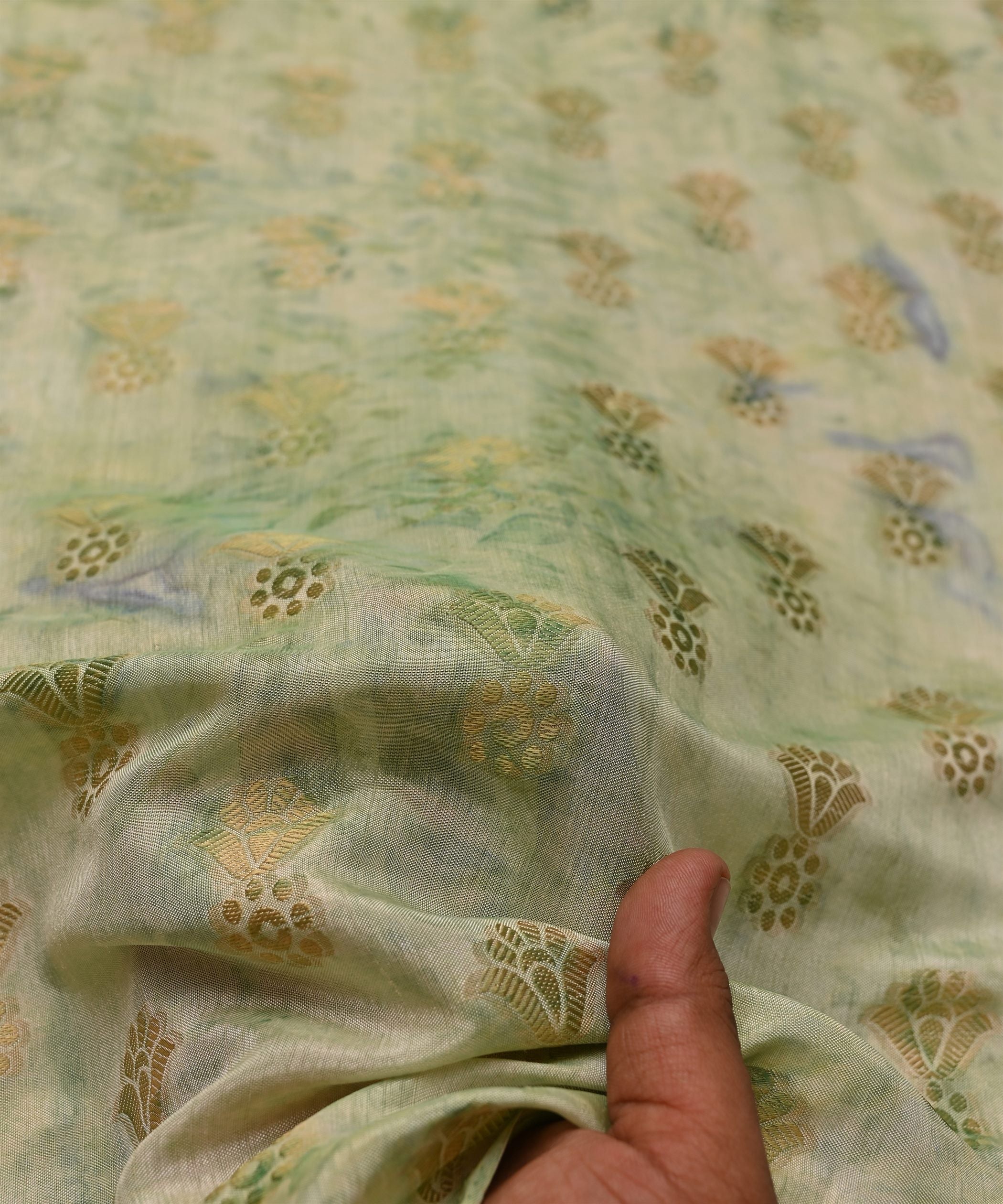 Pale Green Shibori Silk Fabric with Floral Patch