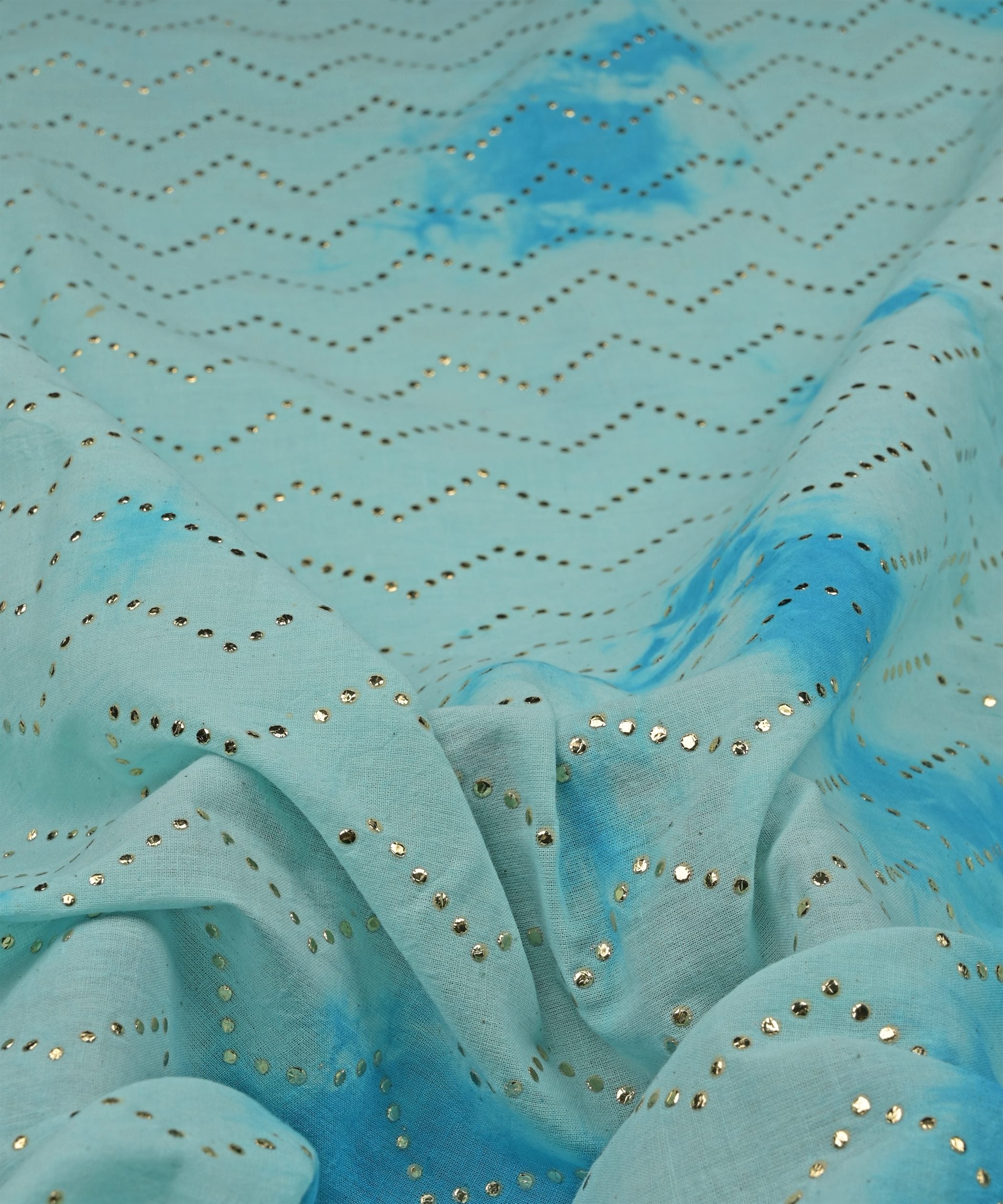 Blue Shibori print on Mal cotton Fabric with Zigzag Mukaish work
