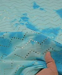 Blue Shibori print on Mal cotton Fabric with Zigzag Mukaish work