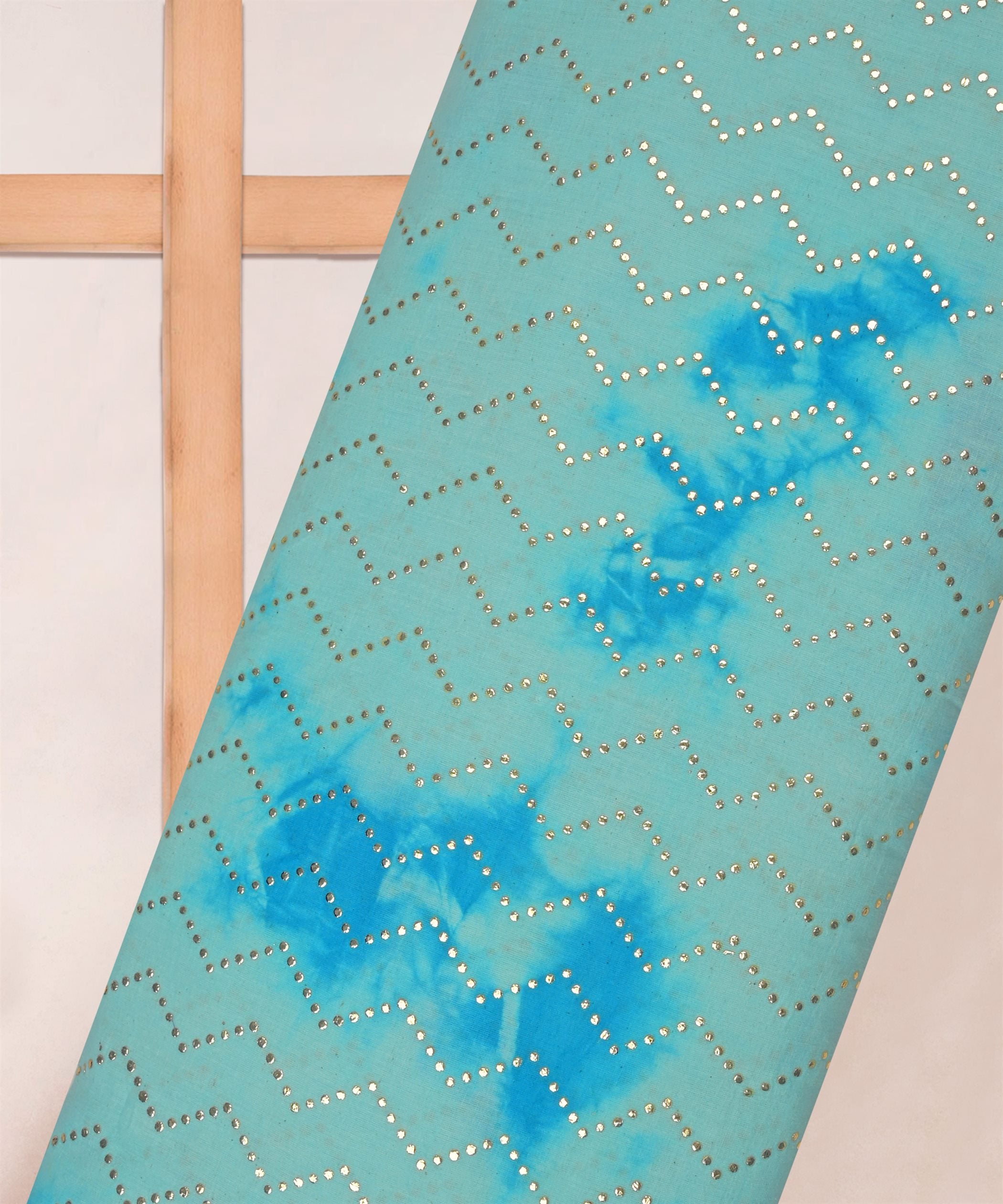 Blue Shibori print on Mal cotton Fabric with Zigzag Mukaish work