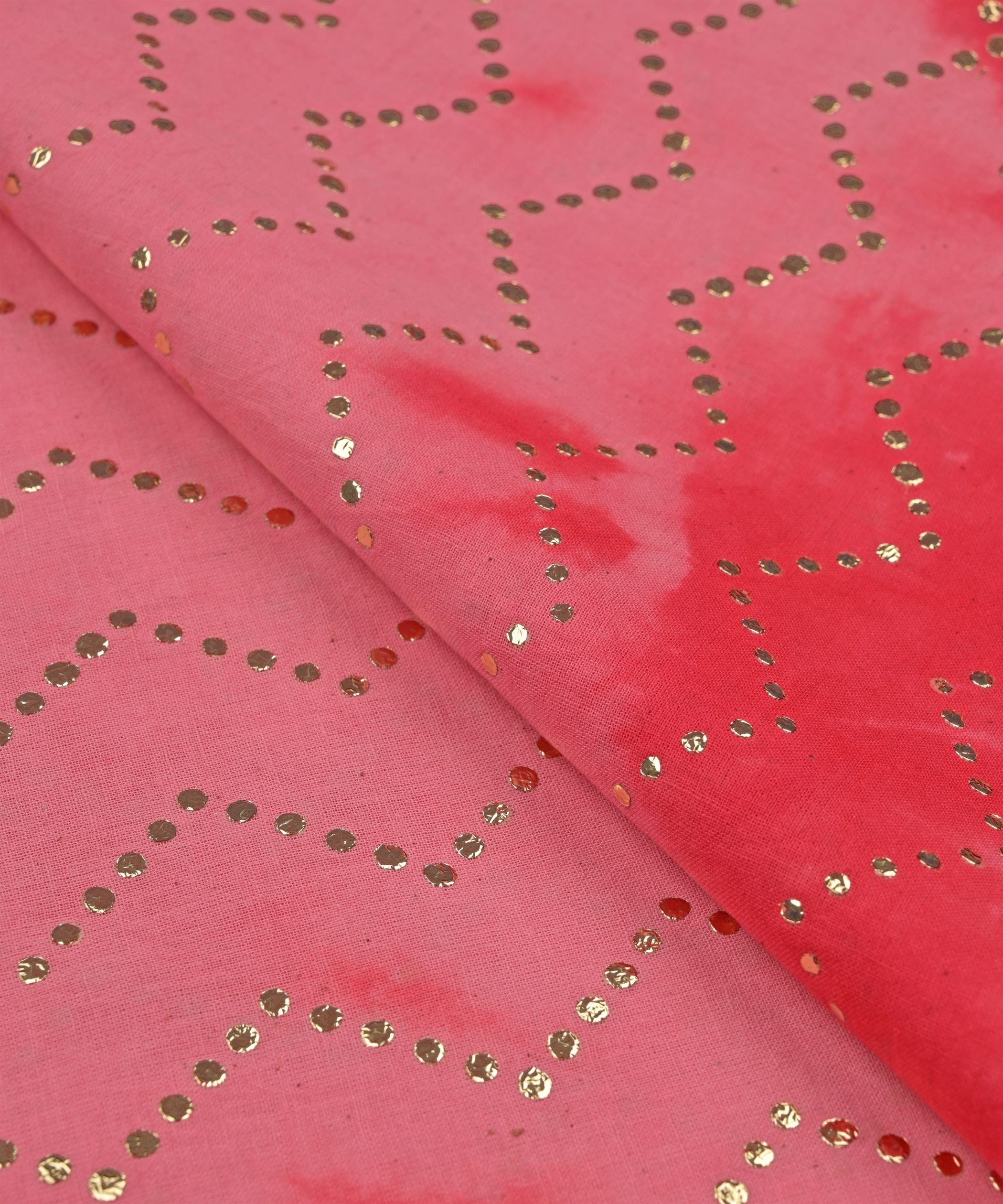 Hot pink Shibori print on Mal cotton Fabric with Zigzag Mukaish work
