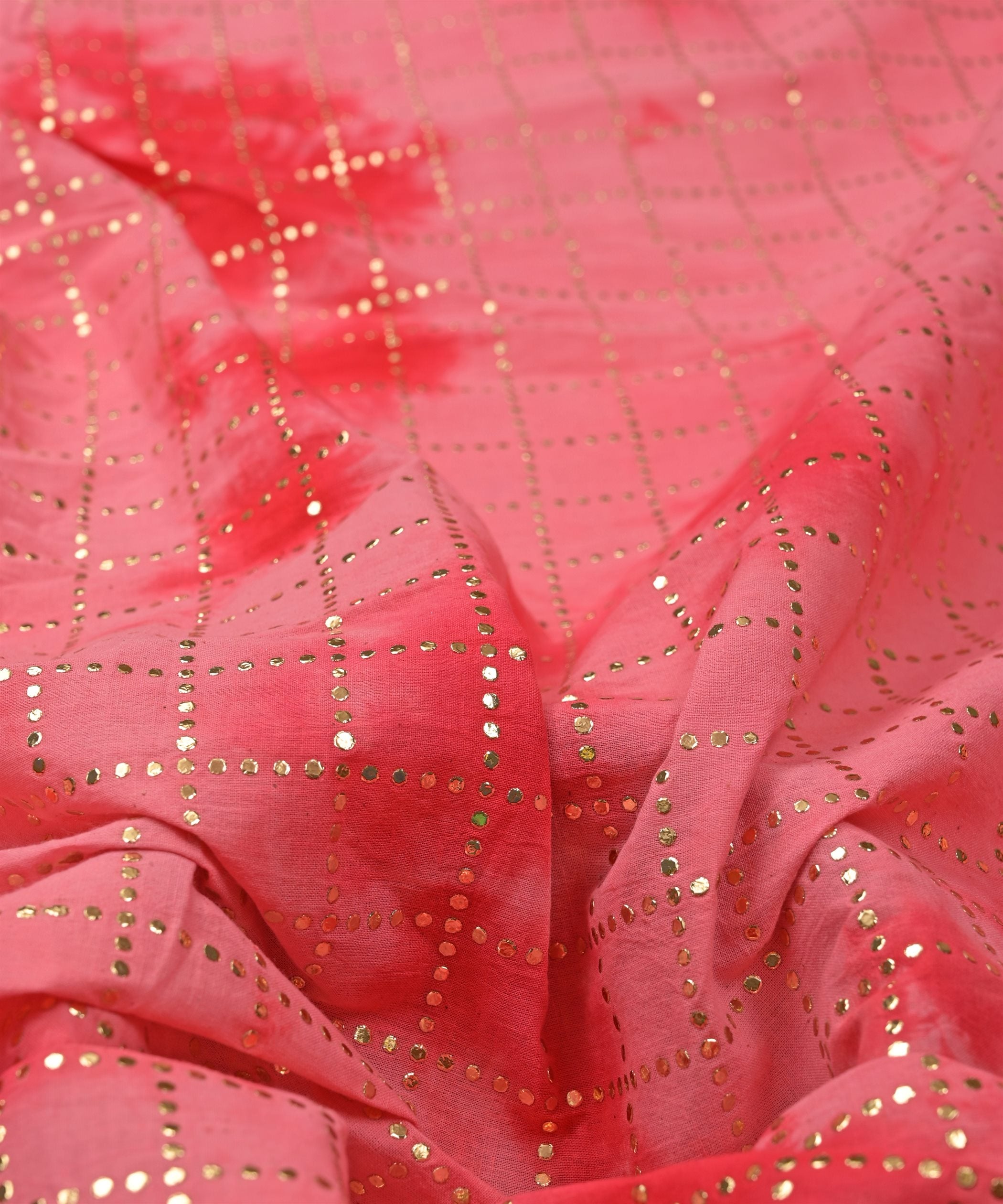 Hot pink Shibori print on Mal cotton Fabric with Checks Mukaish work