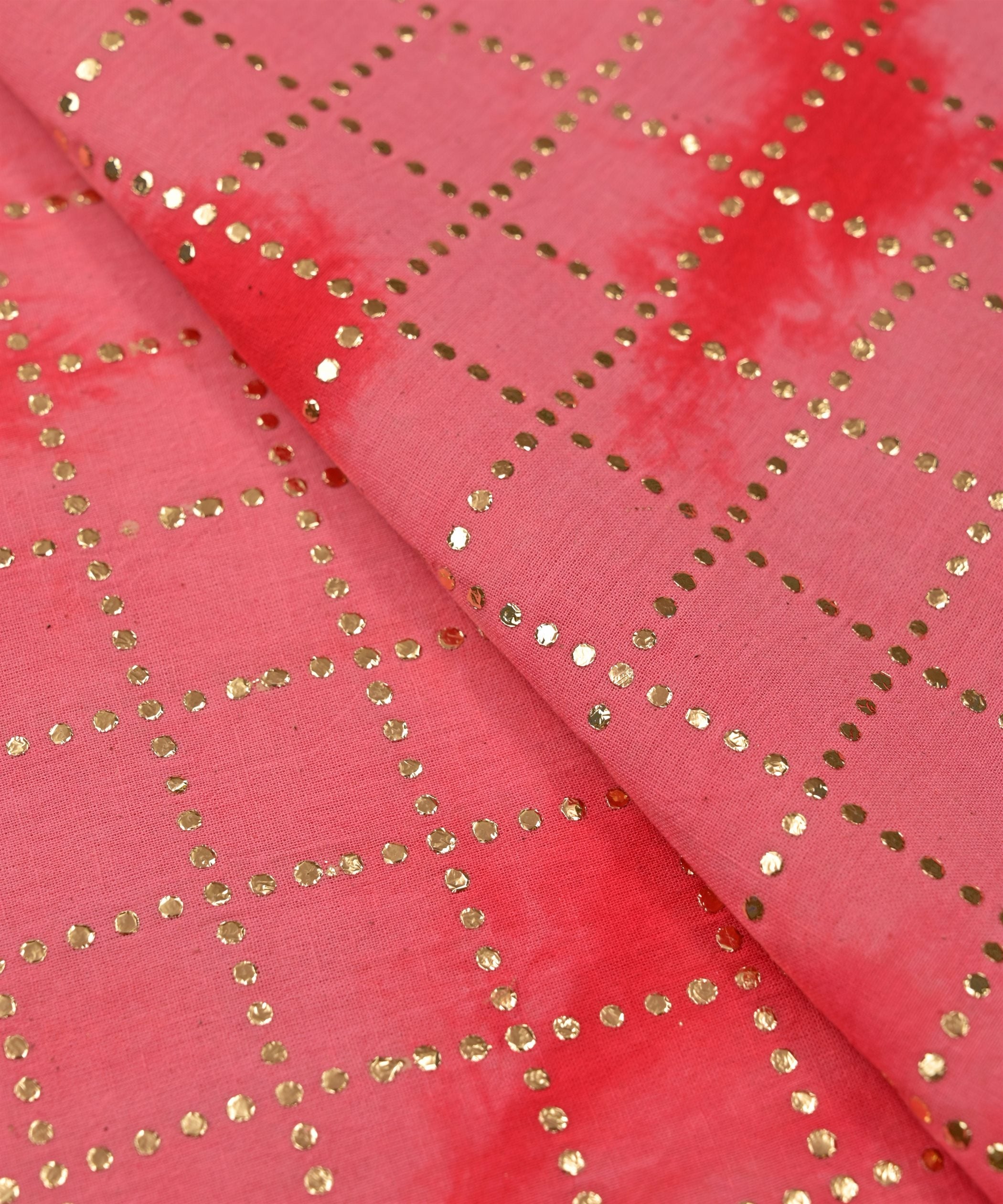 Hot pink Shibori print on Mal cotton Fabric with Checks Mukaish work