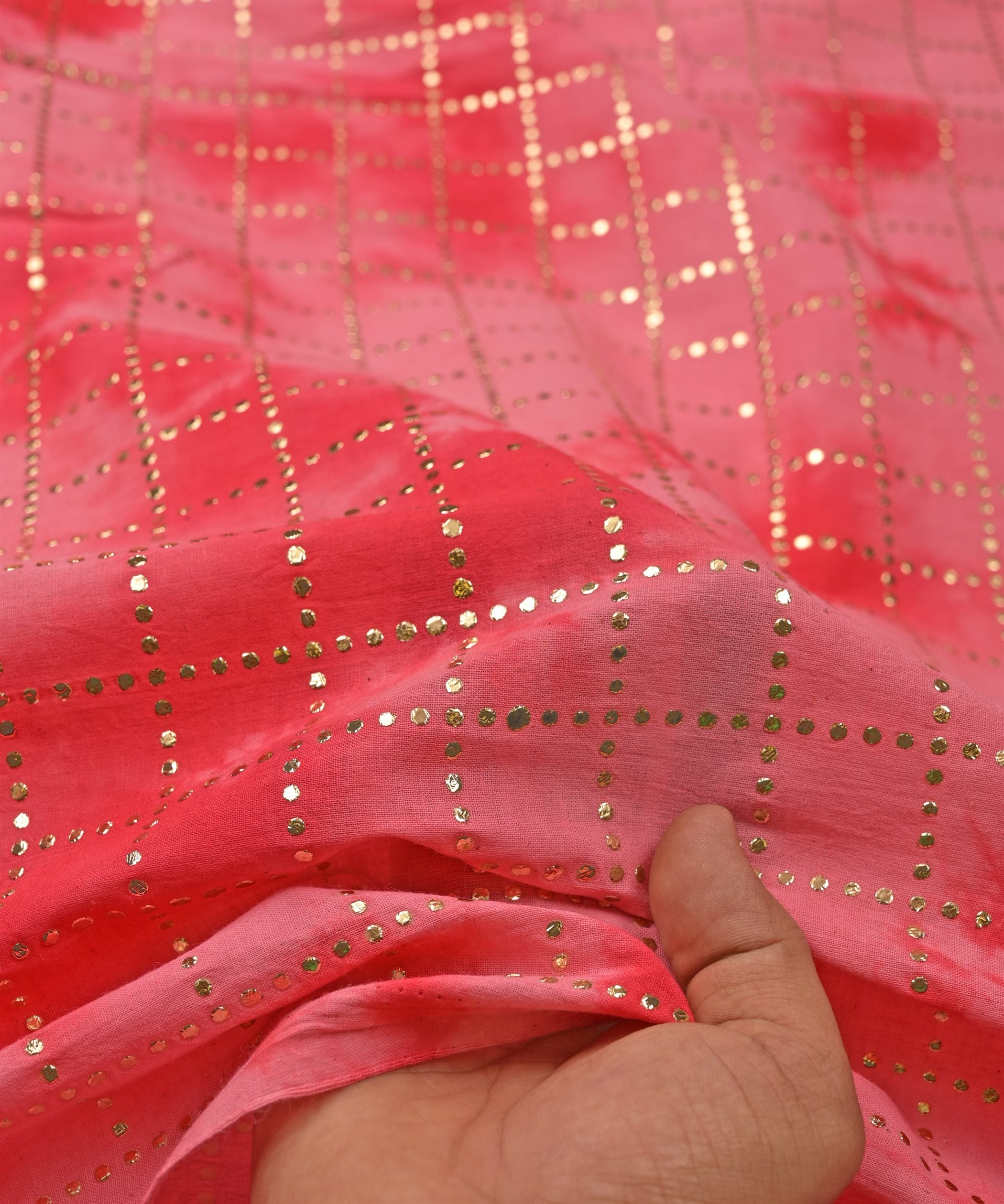 Hot pink Shibori print on Mal cotton Fabric with Checks Mukaish work
