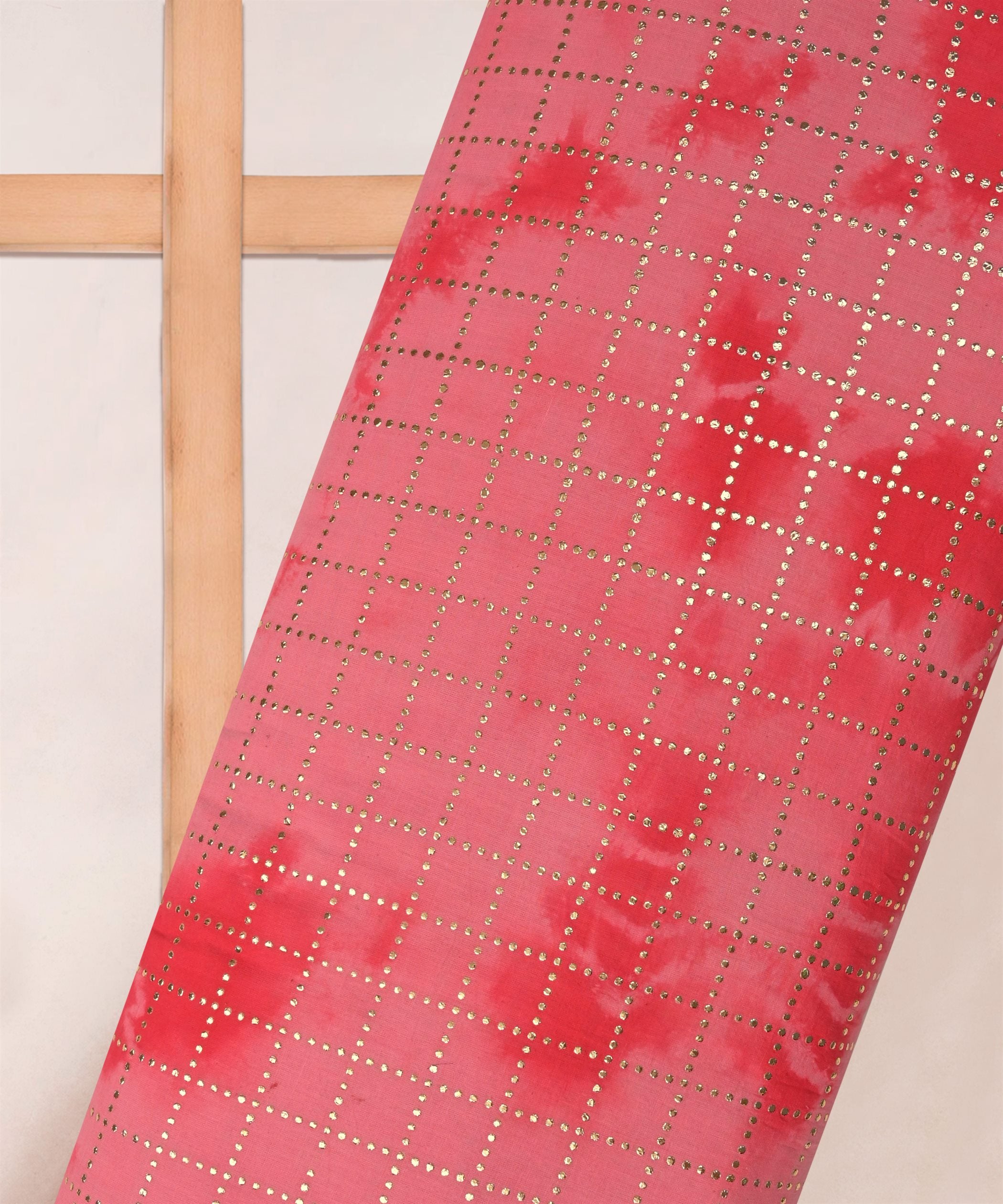 Hot pink Shibori print on Mal cotton Fabric with Checks Mukaish work