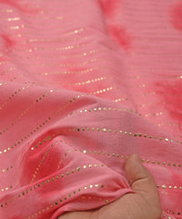 Hot pink Shibori print on Mal cotton Fabric with Stripes Mukaish work