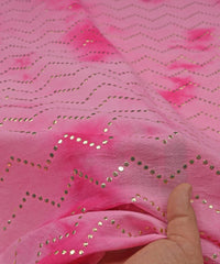 Pink Shibori print on Mal cotton Fabric with Stripes Mukaish work