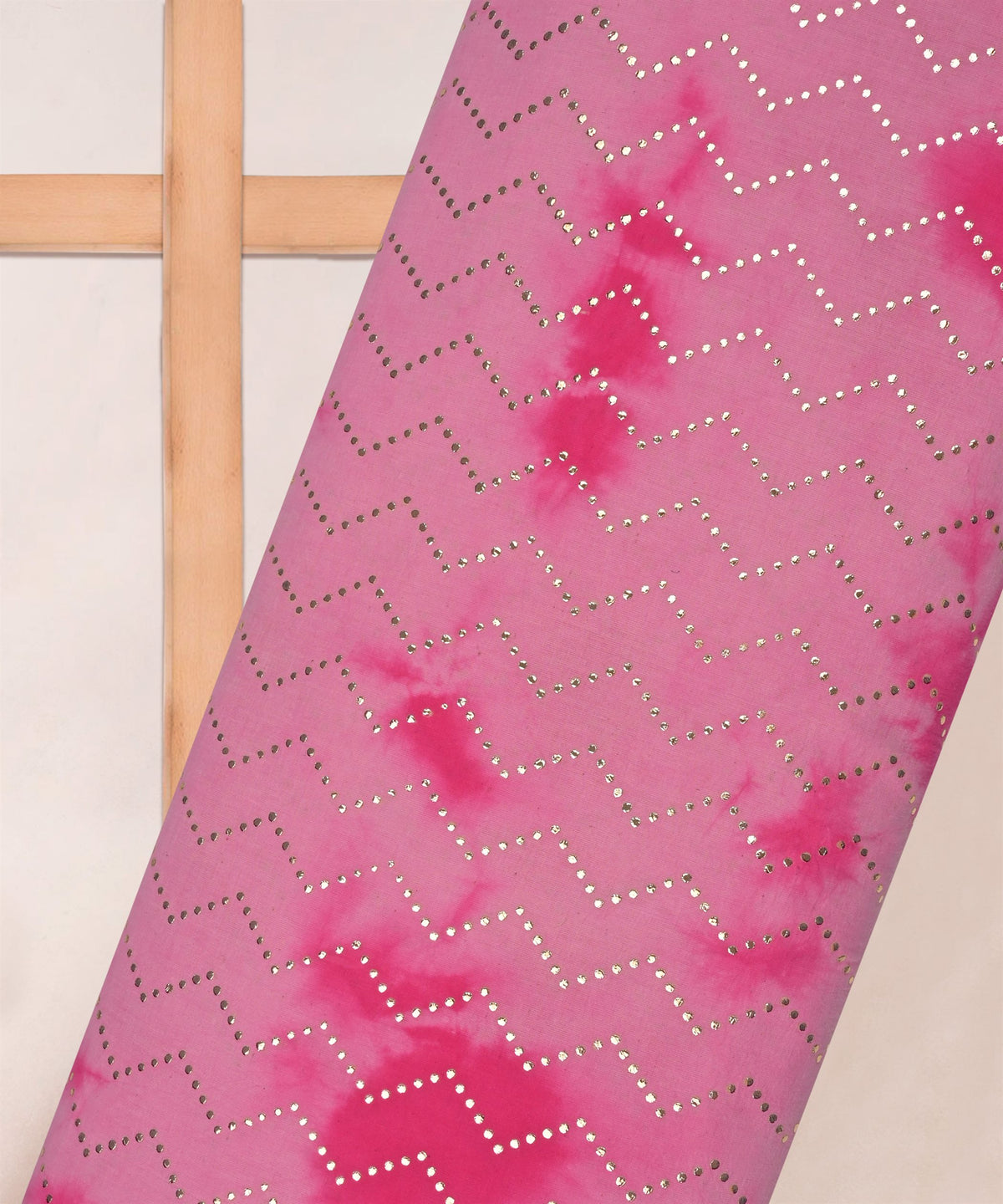 Pink Shibori print on Mal cotton Fabric with Stripes Mukaish work