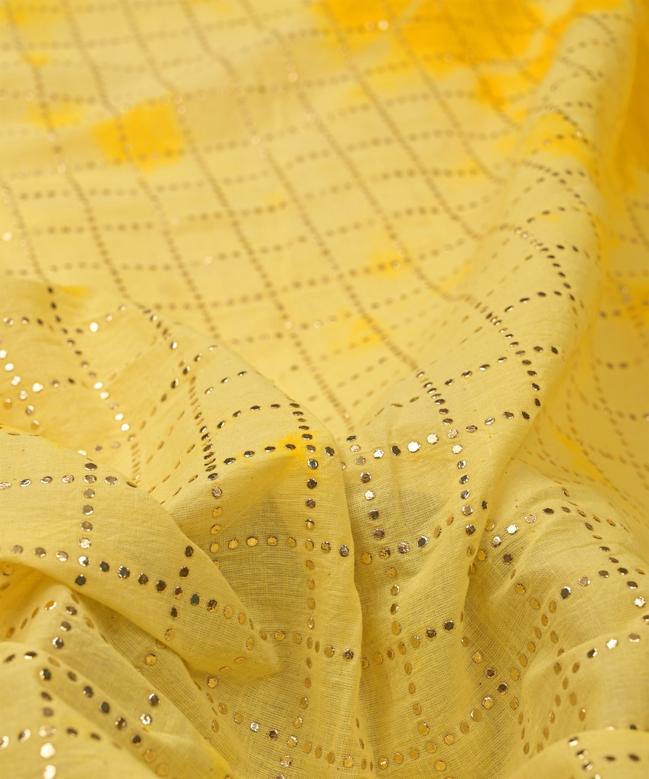 Yellow Shibori print on Mal cotton Fabric with Checks Mukaish work