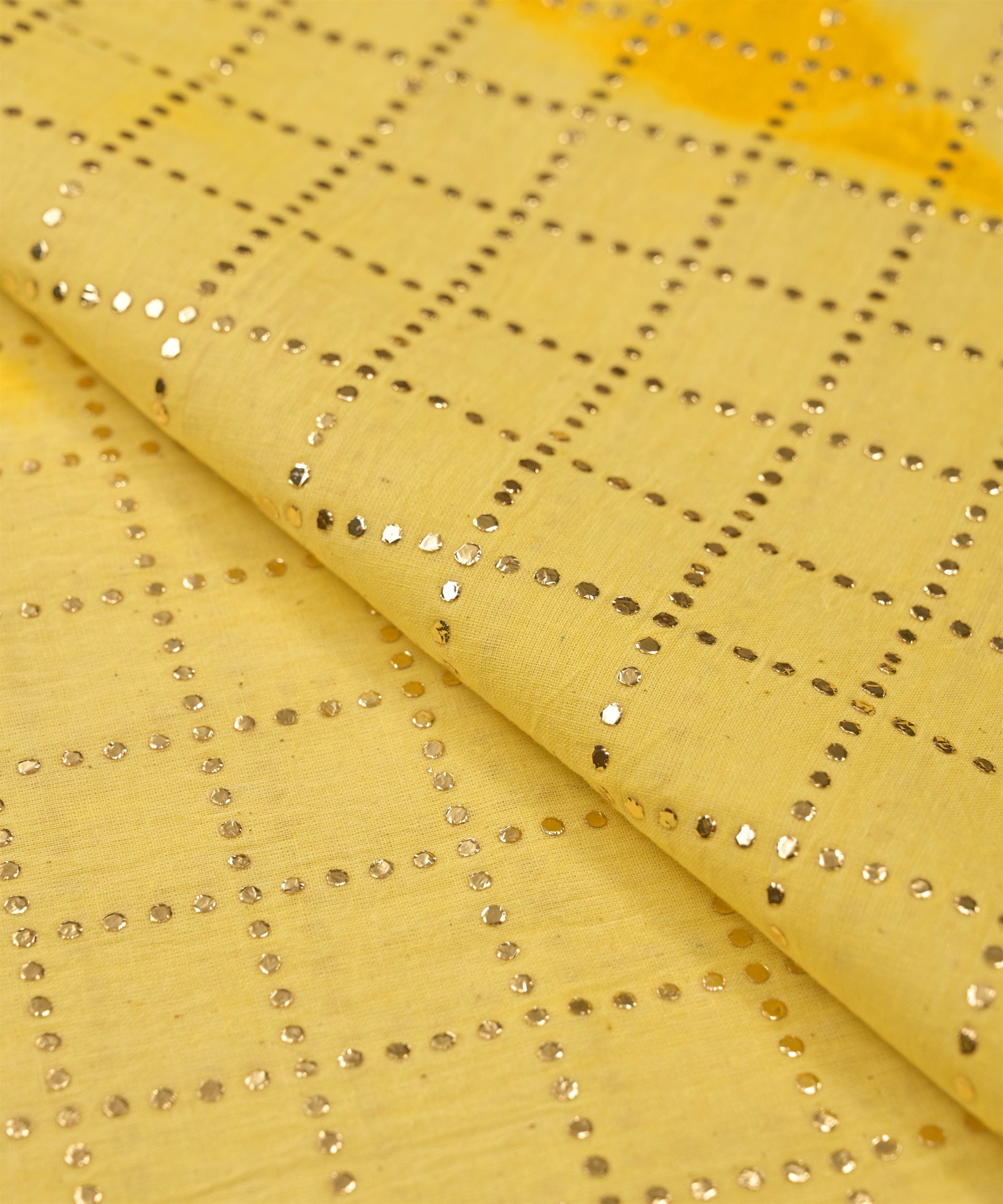 Yellow Shibori print on Mal cotton Fabric with Checks Mukaish work