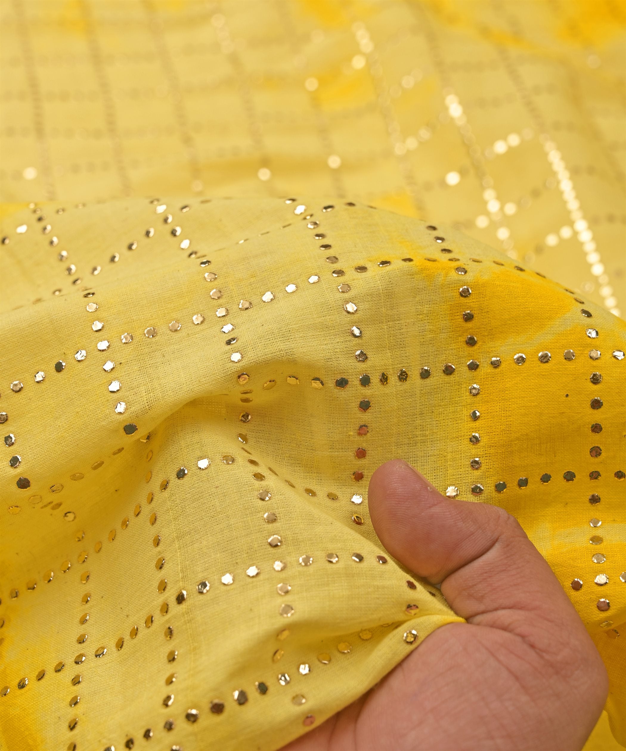 Yellow Shibori print on Mal cotton Fabric with Checks Mukaish work