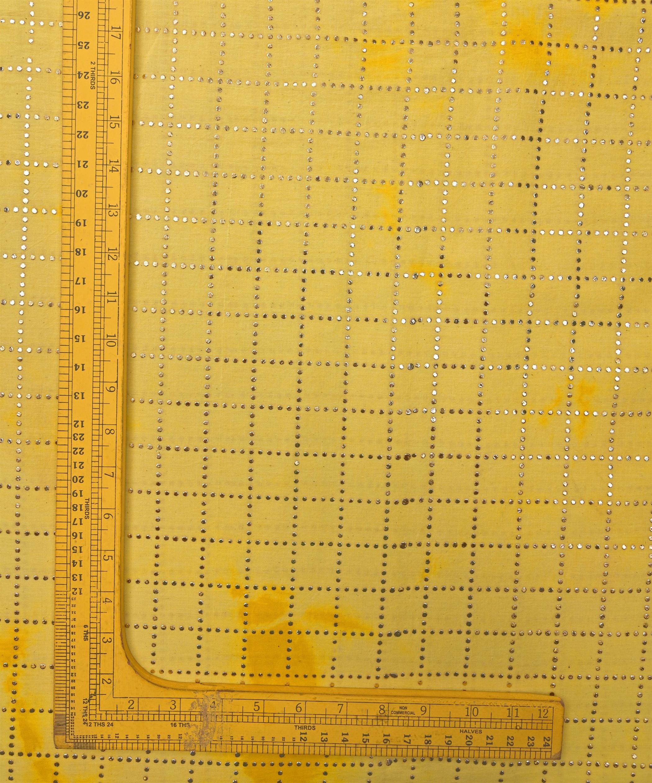 Yellow Shibori print on Mal cotton Fabric with Checks Mukaish work