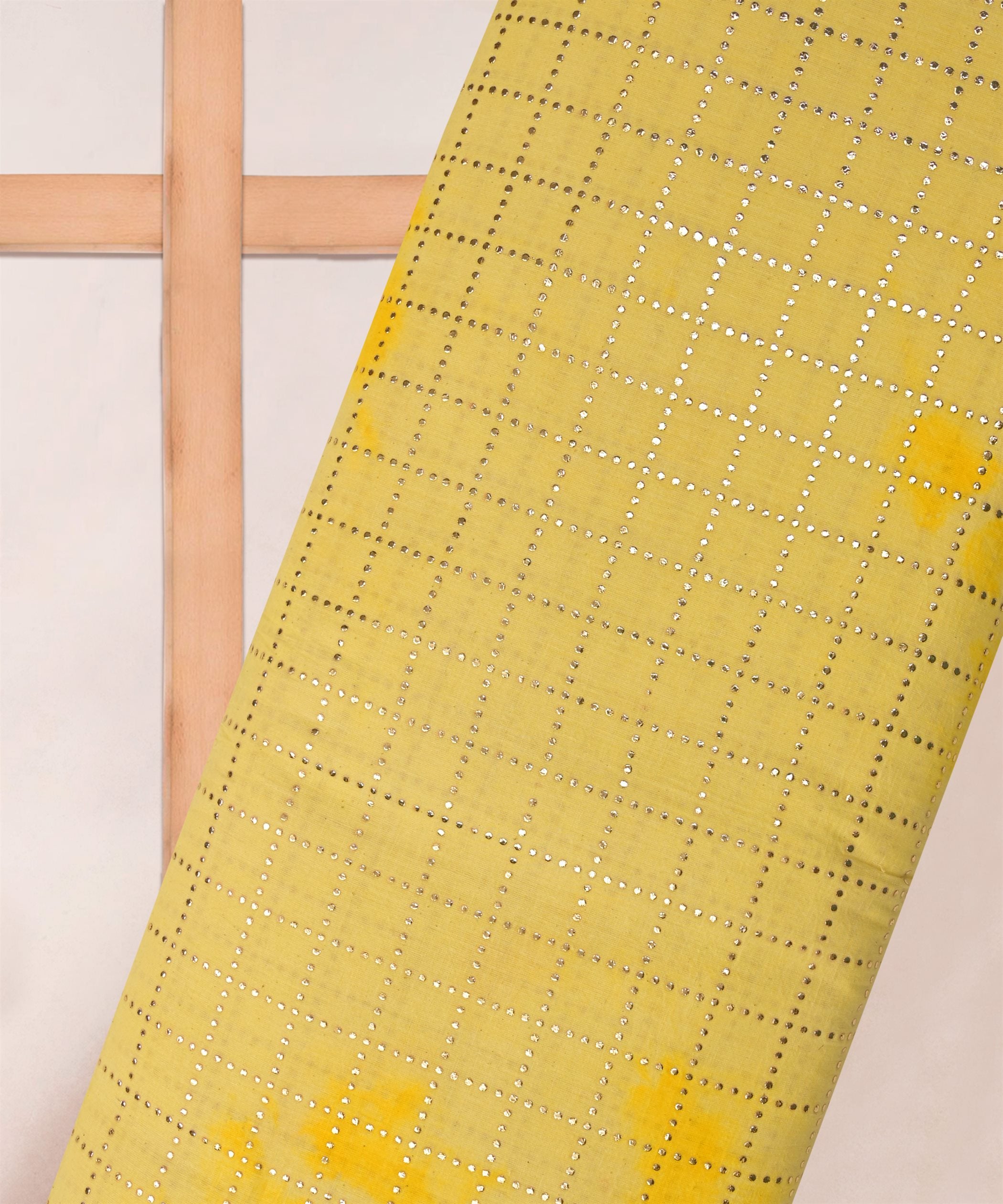 Yellow Shibori print on Mal cotton Fabric with Checks Mukaish work
