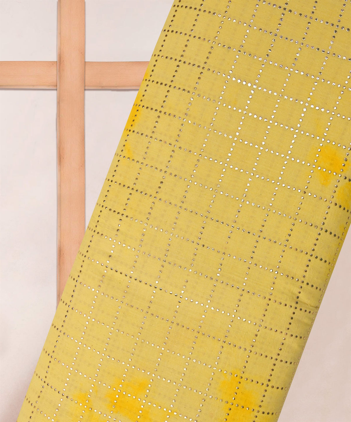 Yellow Shibori print on Mal cotton Fabric with Checks Mukaish work