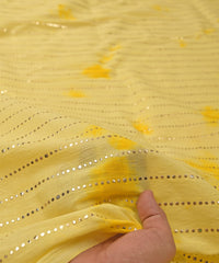 Yellow Shibori print on Mal cotton Fabric with Stripes Mukaish work