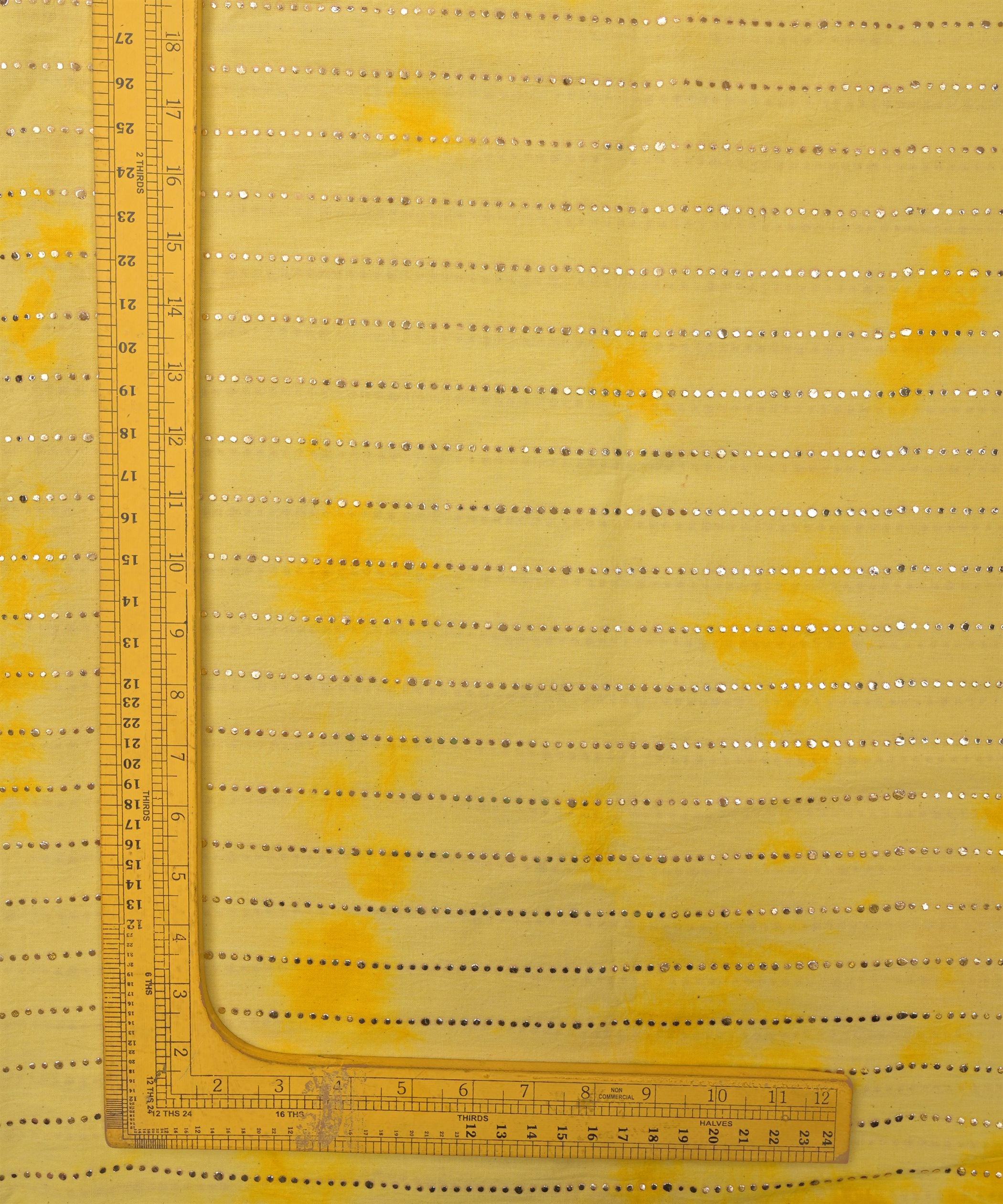 Yellow Shibori print on Mal cotton Fabric with Stripes Mukaish work