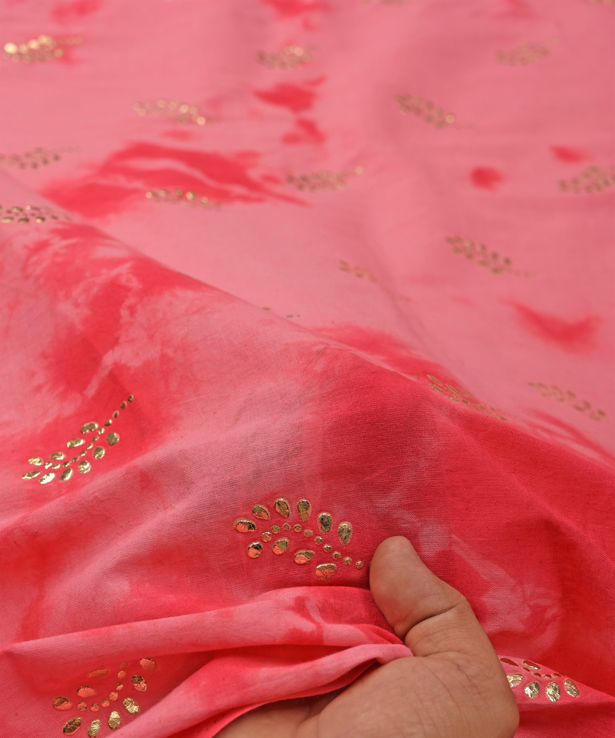 Hot pink Shibori print on Mal cotton Fabric with Motif Mukaish work