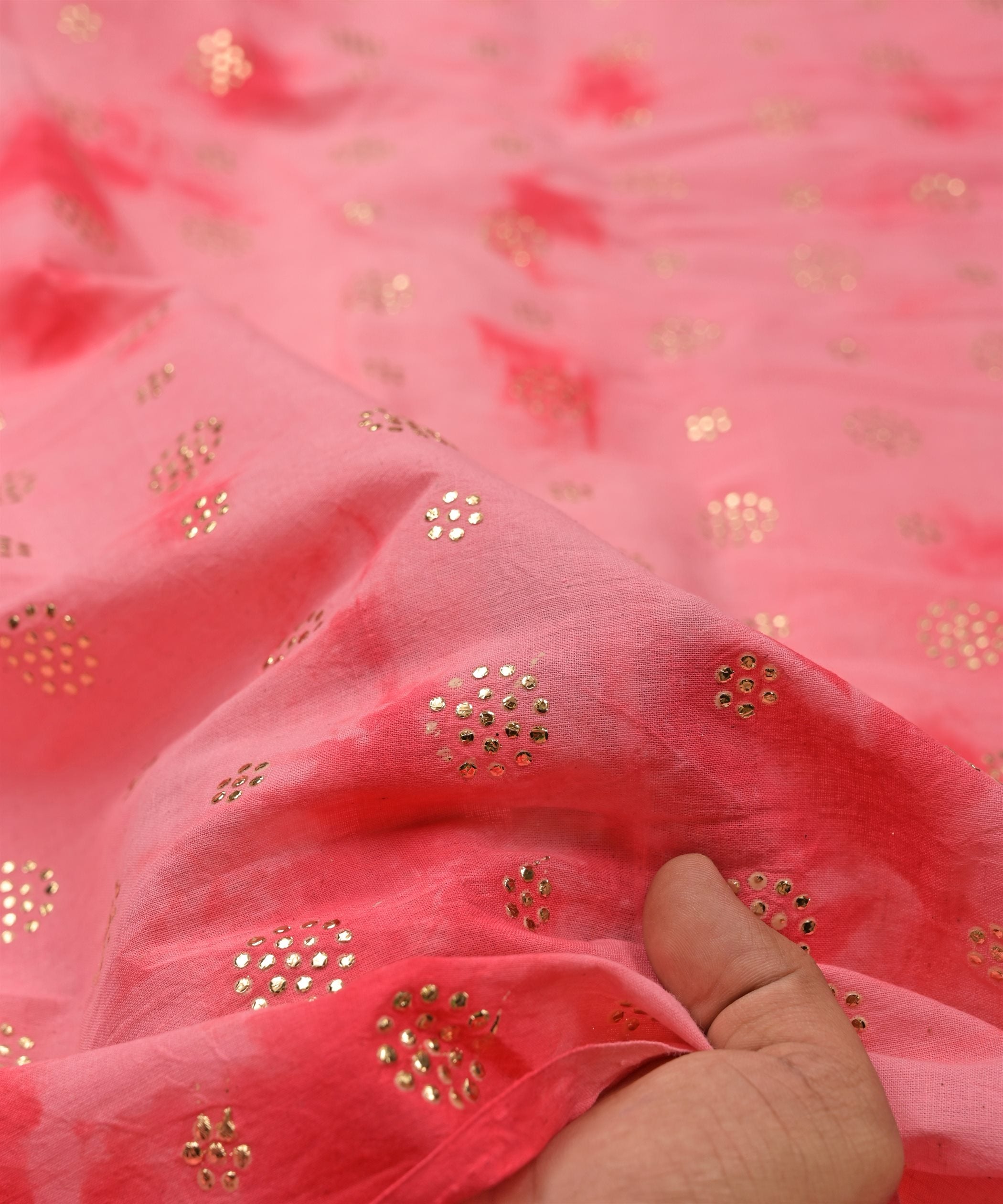 Hot pink Shibori print on Mal cotton Fabric with Mukaish work