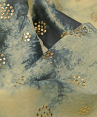 Yellow with Navy blue Shibori print on Mal cotton Fabric with Zigzag Mukaish work